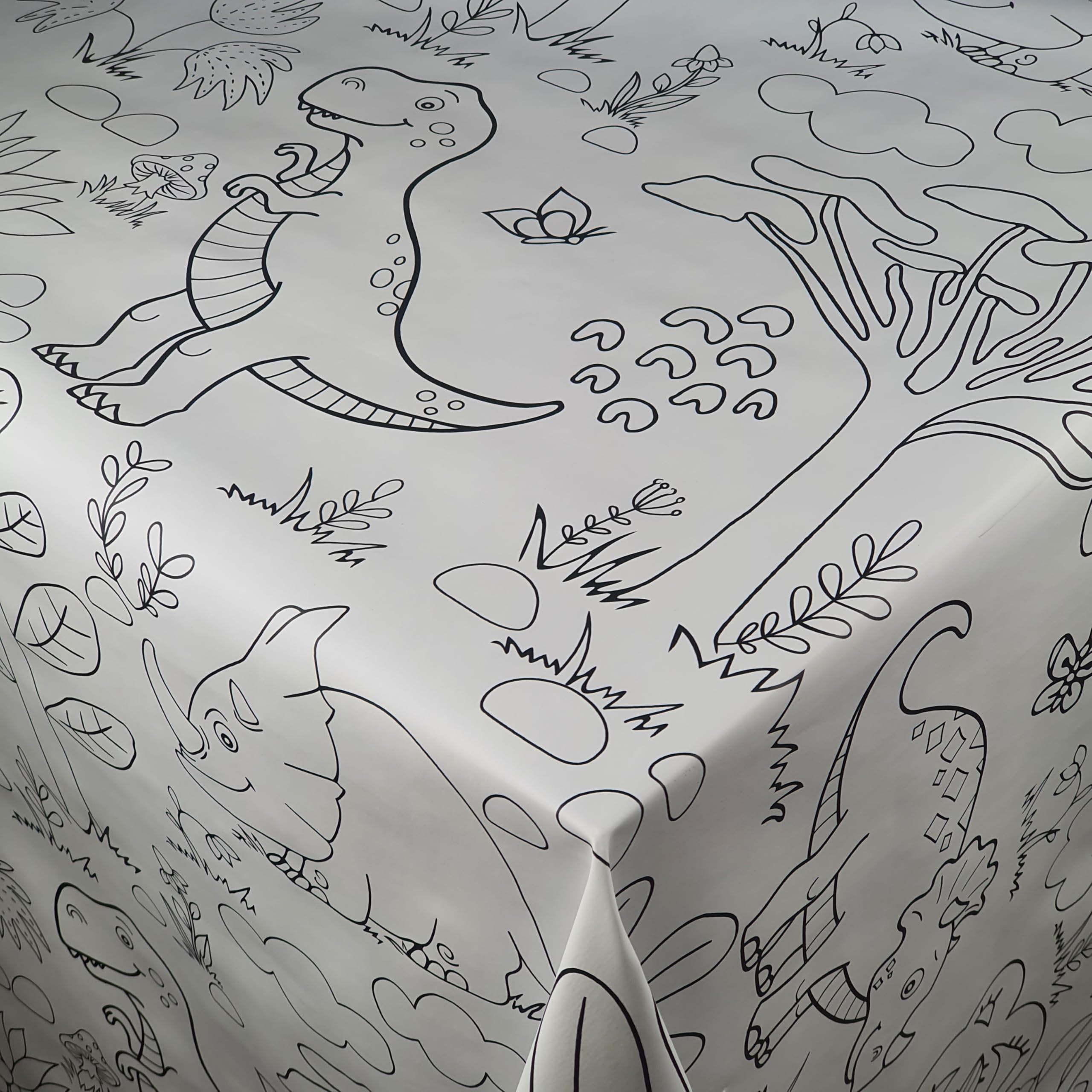 Wachstuchtischdecke Gartentischdecke, Kinder Dinosaurier Weiß Rechteckig 130 x 200 cm, abwaschbare Tischdecke, wasserabweisend, gefaltet
