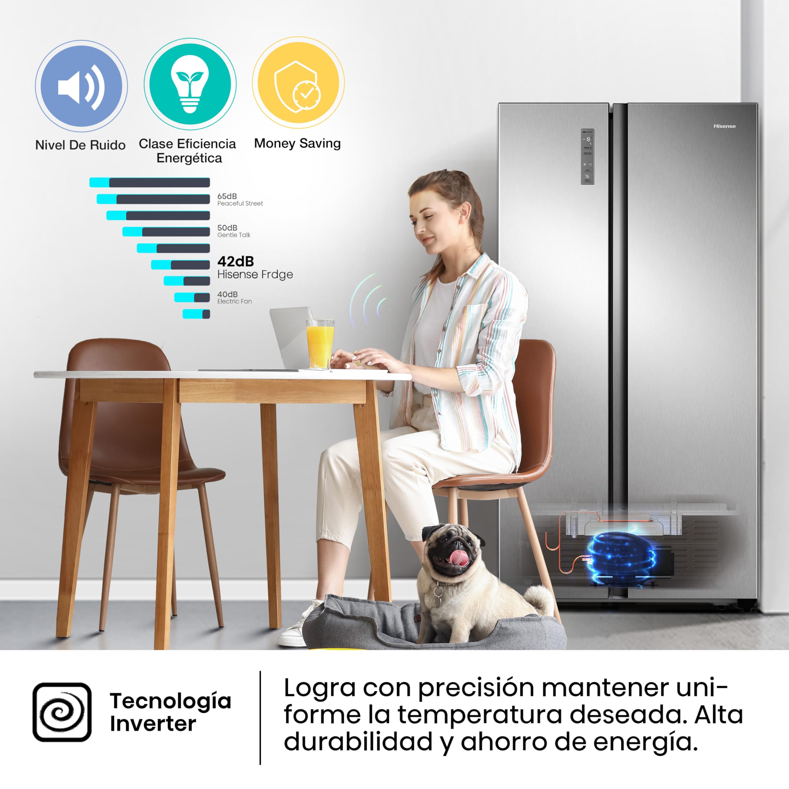 Hisense RS677N4ACC - Frigorífico Americano Dos Puertas, Eficiente Clase C, Capacidad 519 L, ALTO 178,6cm x ANCHO 91cm, Multi-Air Flow, Congelamiento Rápido, Cajón Frutas y Verduras, Color Inox