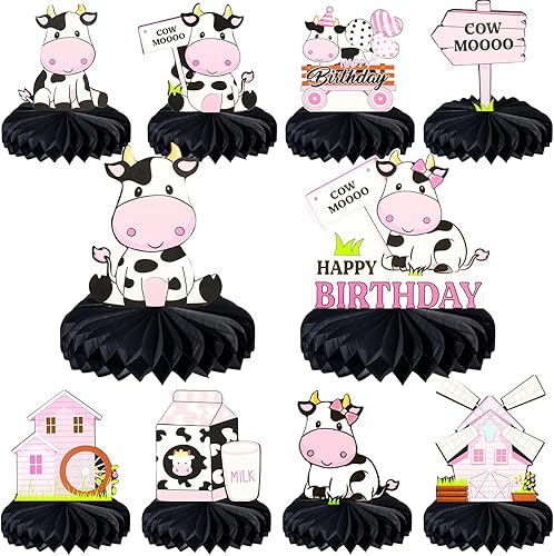 ZELARO 10 centros de mesa con estampado de vaca, diseño de nido de abeja para fiesta temática de vaca, decoración de fiesta de cumpleaños de vaca,