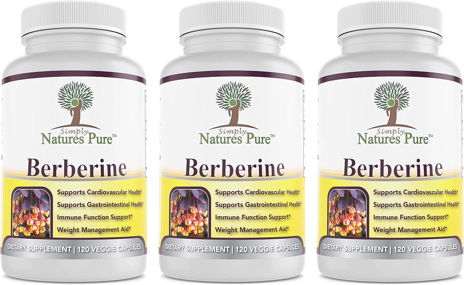 Product image of Simply Natures Pure Premium Berberine HCl 500mg - 120 Capsules - Cardiovascular Gastrointestinal Immune Support - Chromium Cinnamon (Pack of 3)