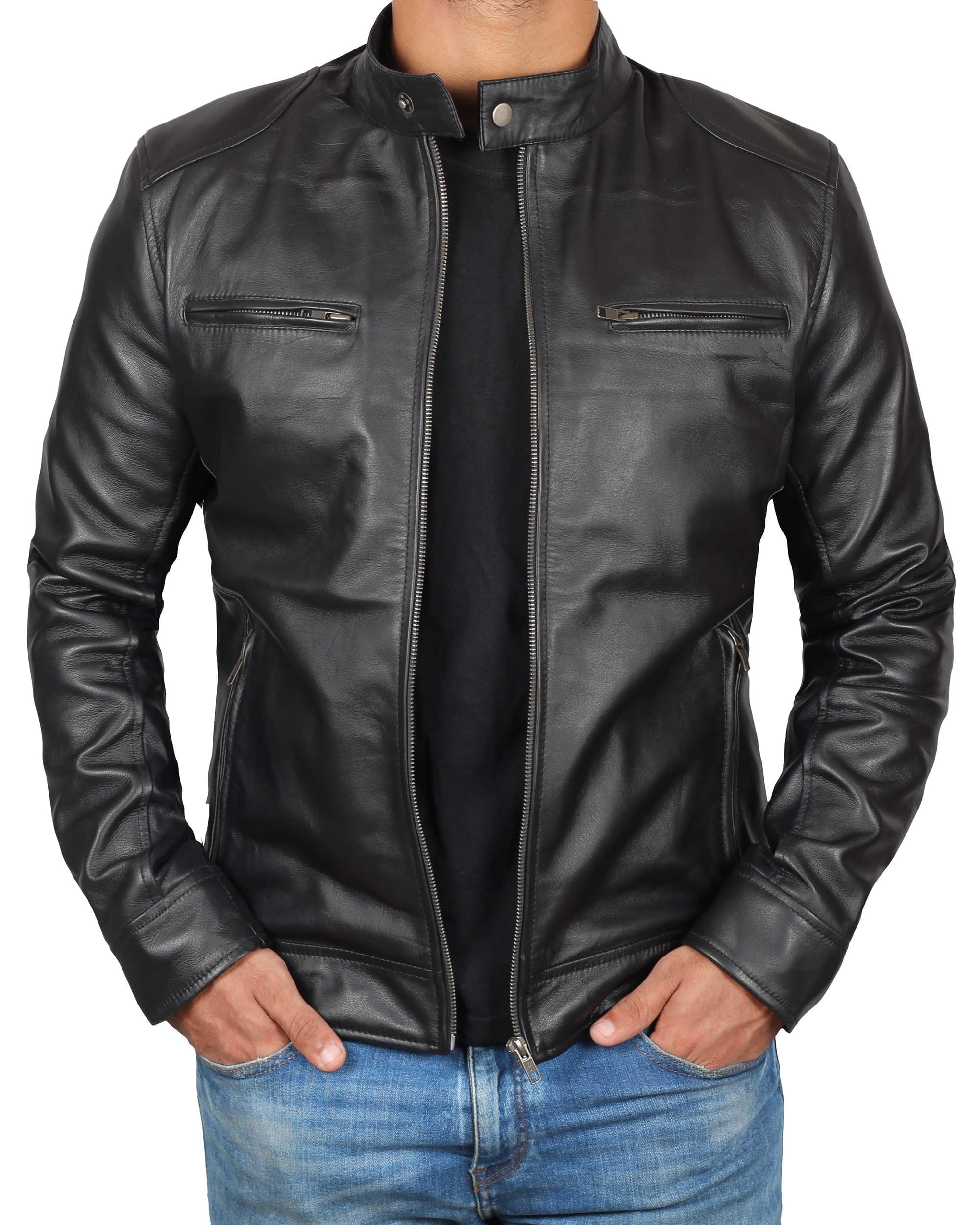 Brown Leather Jacket Mens - Cafe Racer Real Lambskin Leather Distressed Motorcycle Jacket