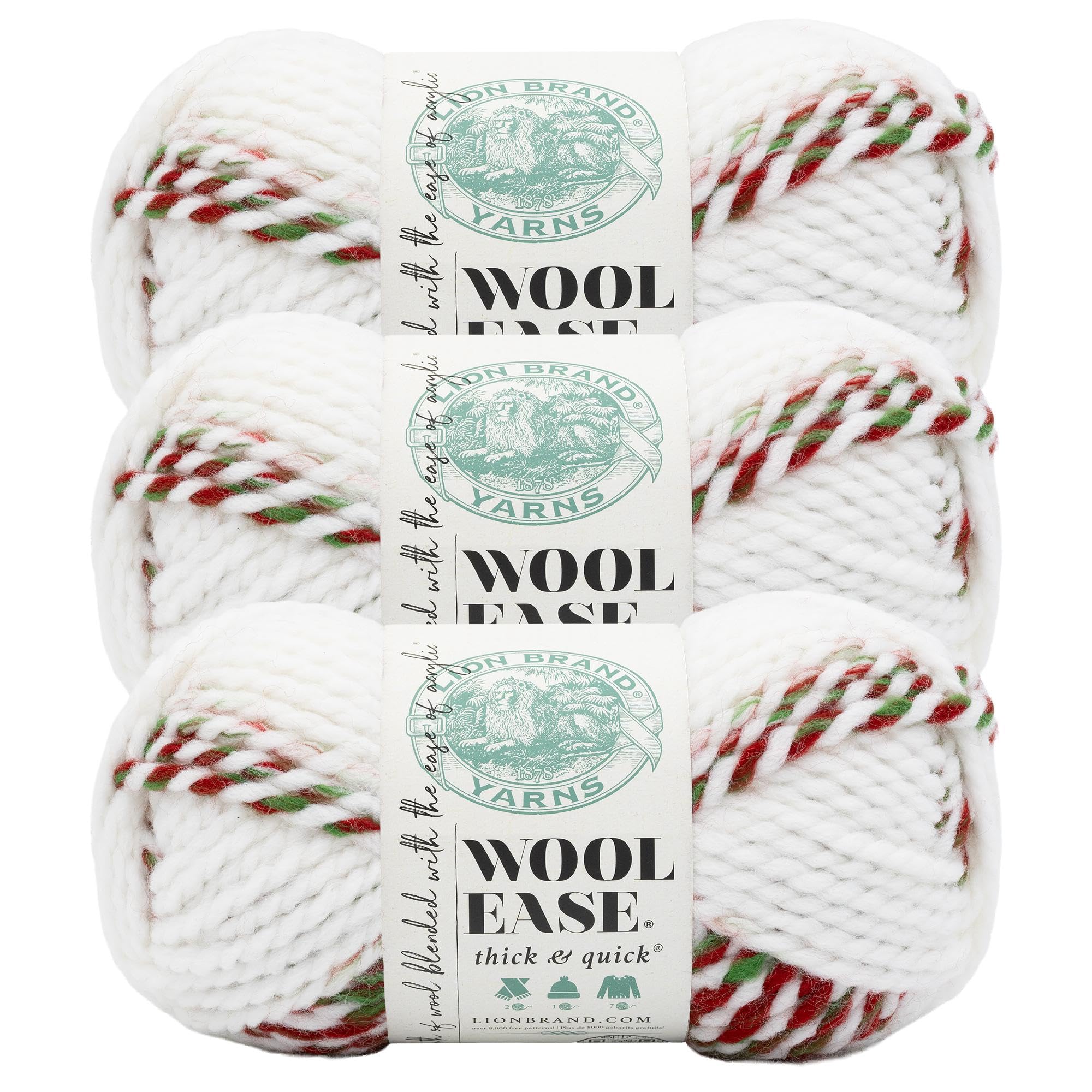 Lion Brand Yarn, Wool-Ease Thick &amp; Quick Yarn Mistletoe, Multicolor, 3 Pack