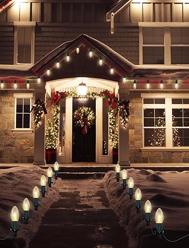 Miniatura 6 de Luces de camino de Navidad para exteriores, 38 pies, conectables, C9, luces de Navidad para exteriores, impermeables, con 25 luces C9 blancas