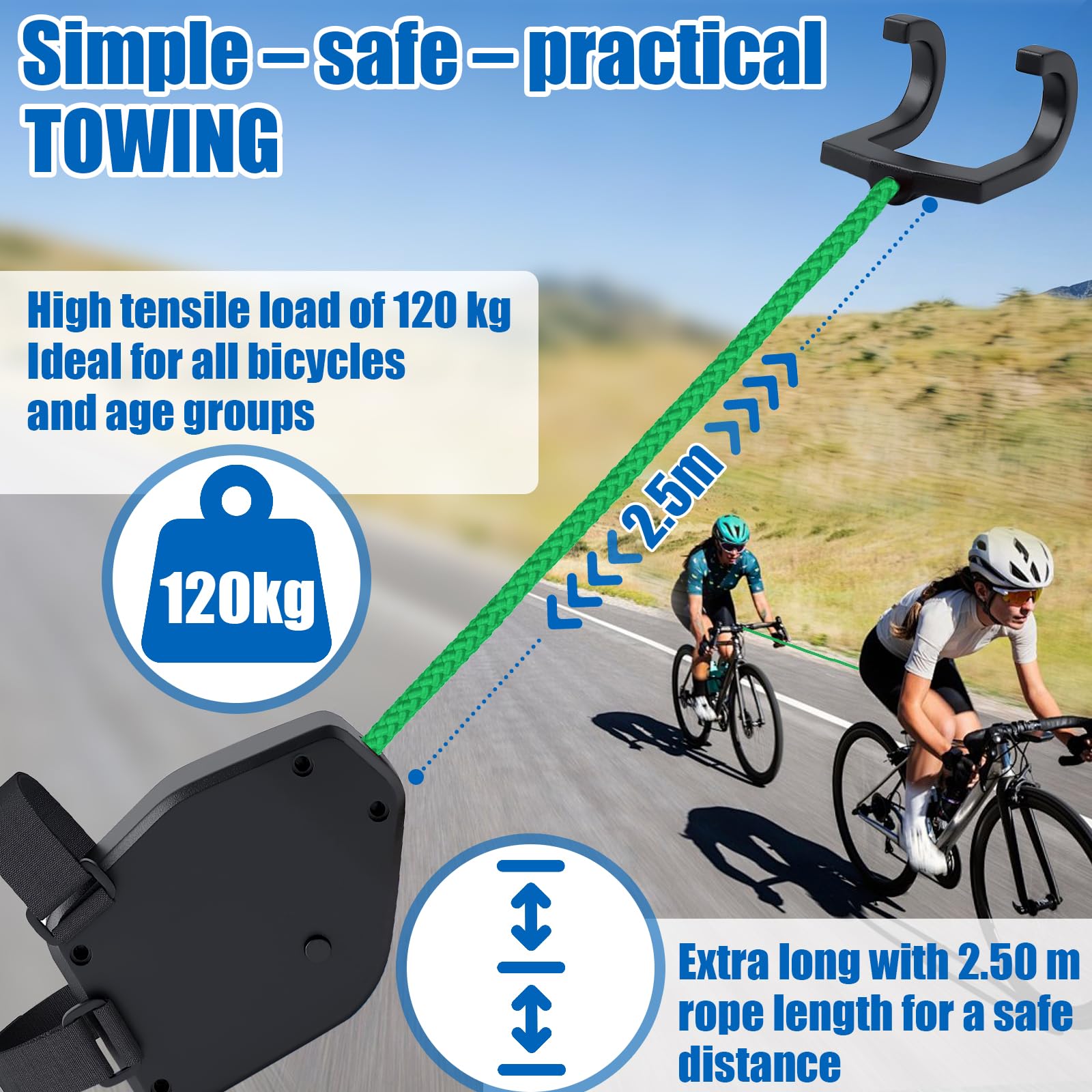 Corde de Remorquage pour Vélo, Barre Traction Velo Enfant de 2,5 m Rétractable, Ceinture de Corde de Traction de Bicyclette Capacité de Charge 225 kg 500 LB