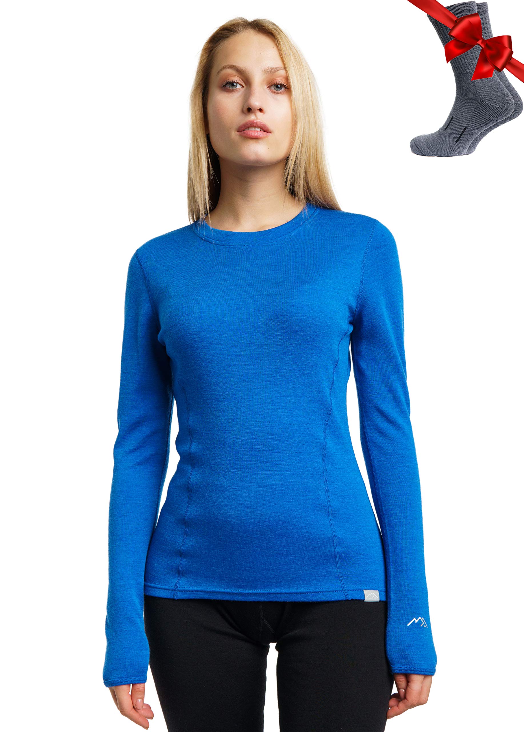 Merino.tech Merino Shirt Damen Langarm - Premium 100% Merino Unterwäsche Damen Langarmshirt, Sportunterhemden + Wollsocken (X-Small, Cobalt Blue 250)