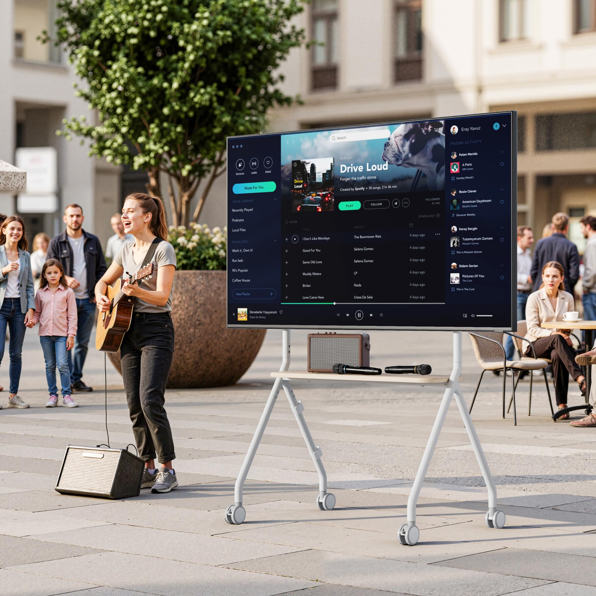 TV Ständer mit Rollen für 49-80 Zoll Fernseher bis 50 kg, Weiß | Höhenverstellbar und Schwenkbar Staffelei, Mobiler TV-Wagen mit Holztablett, Max.VESA 600*400MM, für Büro, Schule und Heim