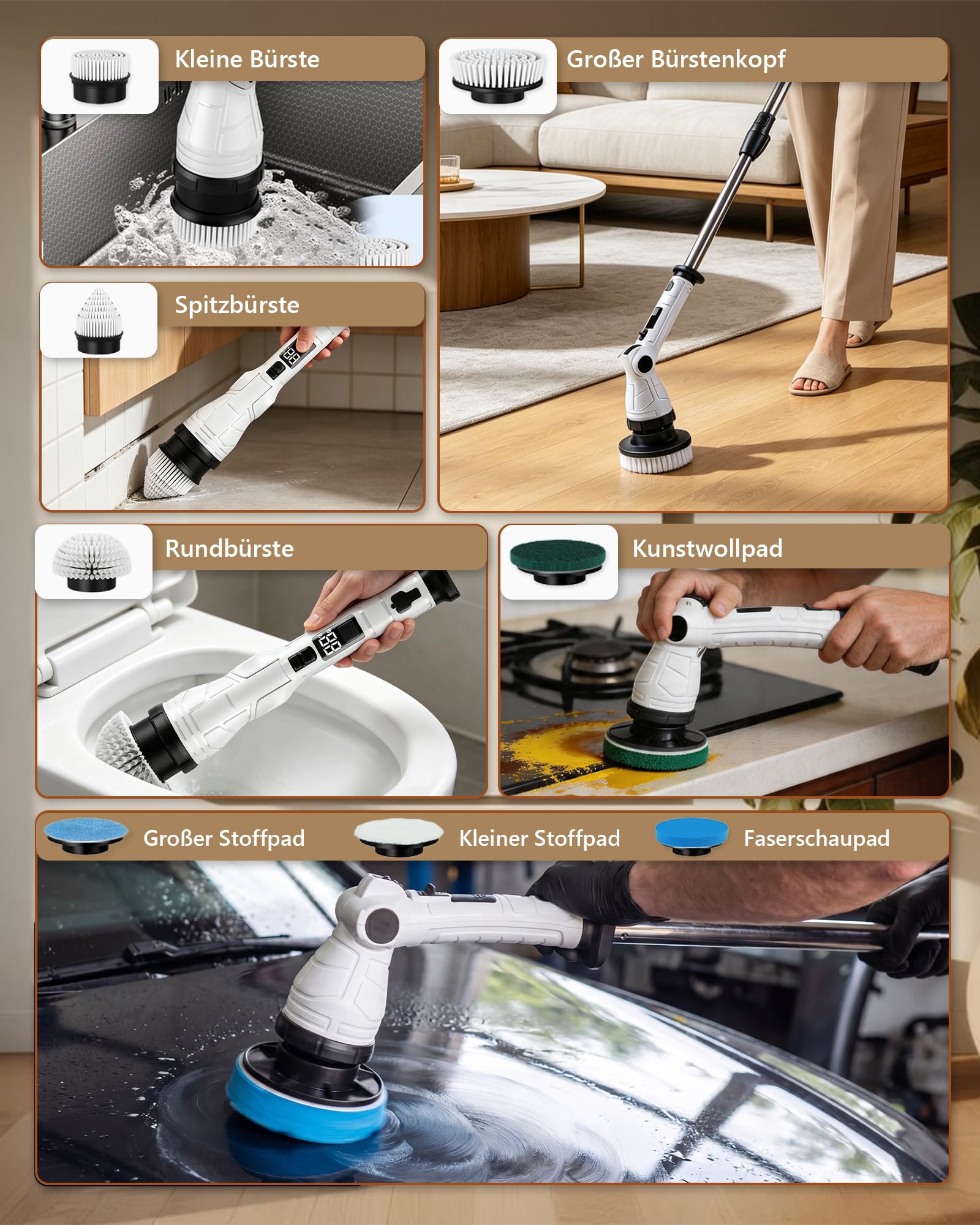 Cepillo de limpieza eléctrico 8 en 1, cepillo de limpieza eléctrico con mango extensible, USB-C, IPX7 impermeable, 3 velocidades, cepillo eléctrico para ducha, azulejos, suelos, cocina