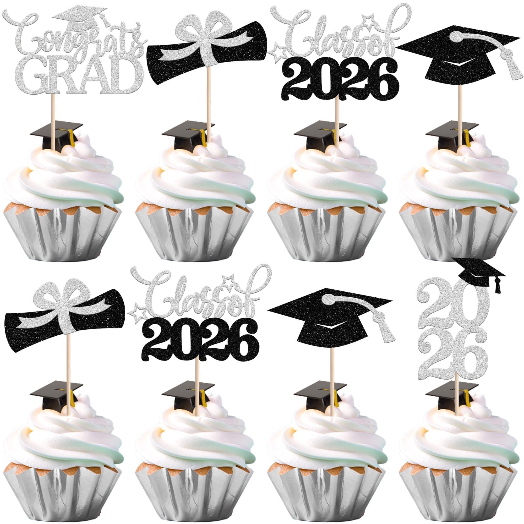 Xsstarmi 30 Pack Class of 2026 Cupcake Toppers Silver Glitter Diploma Done Congrats Grad Hap Cupcake Picks for 2026 Graduation Party Cake Decorations Supplies
