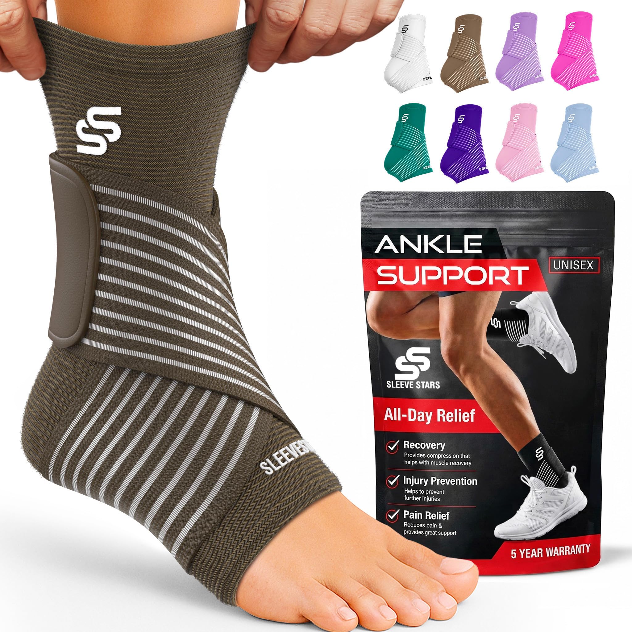 Sleeve Stars Ankle Brace Men &amp; Women Support (Pair/M:10"-12"/Dark Brown)