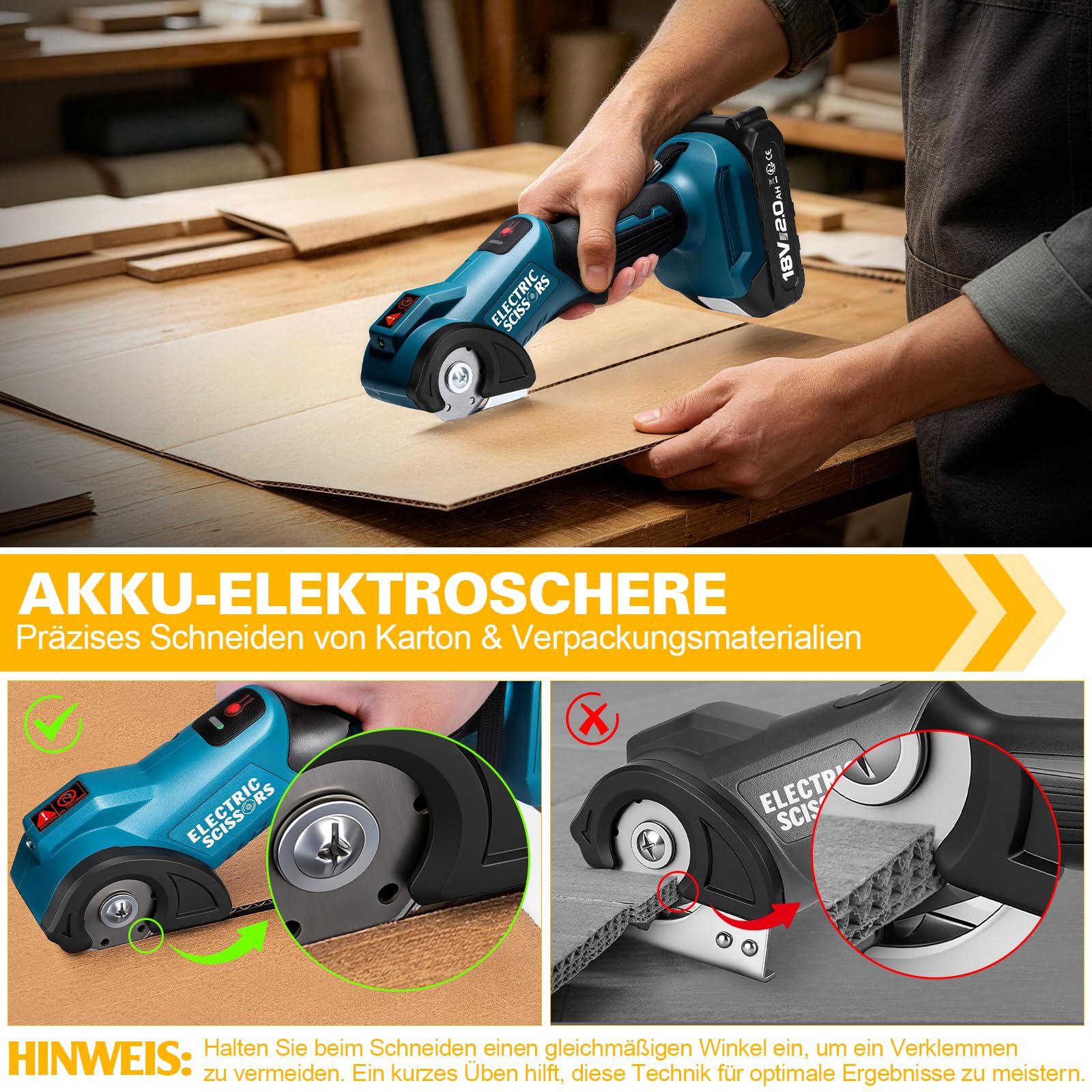Kartonschneider Elektrische Schere mit 2000mAh Akku, Max. Schnittstärke 9 mm, 440 U/min Kabellose Rollschneider Teppichschneider mit LED-Licht & USB-C Kabel, Akkuschere Kompatibel mit Makita 18V Akku