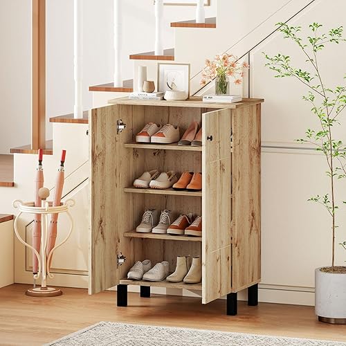 Miniatura 3 de Giantex Zapatero con puertas, zapatero estrecho de 4 niveles con estantes extraíbles, armario de almacenamiento de zapatos de madera independiente