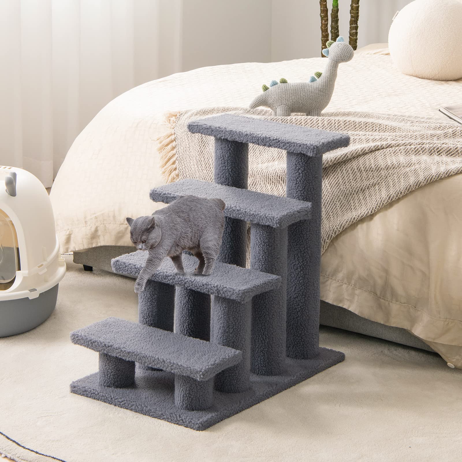 Tangkula Escaleras para mascotas para gatos y perros, rampa de escalera alfombrada de 4 escalones, poste rascador para gatos, escaleras para perros de varios escalones para camas altas, sofá (gris)