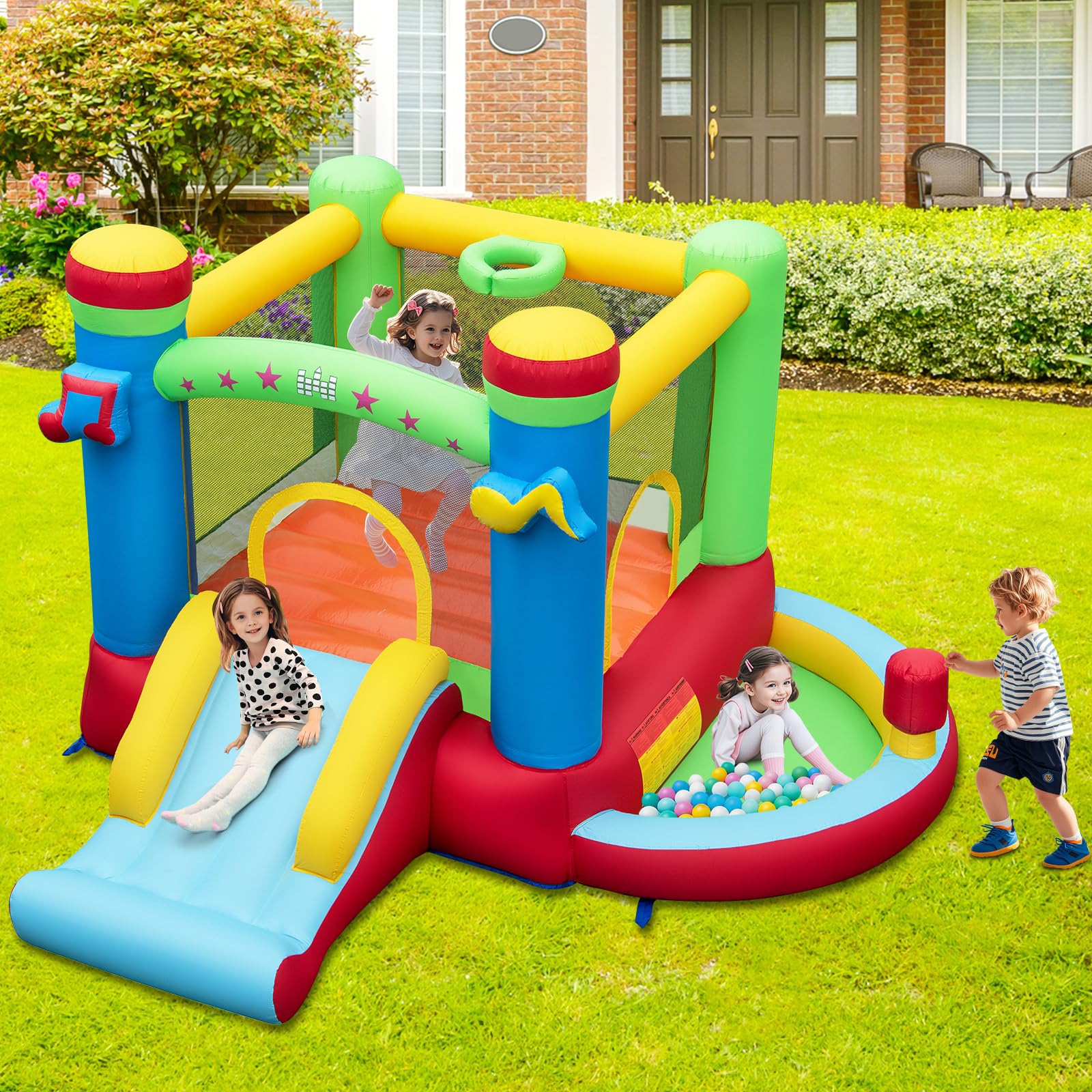 COSTWAY Castello Gonfiabile 5 in 1 per Bambini di Tema Musicale, Castello Gonfiabile con Scivolo, Trampolino, Piscina e Canestro, Gioco Gonfiabile da Interno ed Esterno, per Bambini da 3 a 12 Anni