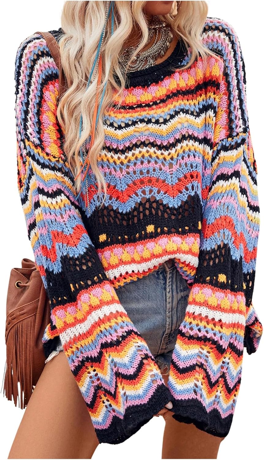 Floerns Women's Colorful Sweater Crochet Open Knit Long Sleeve Drop Shoulder Oversized Sweater - Image 5