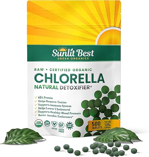 Sunlit - Tabletas orgánicas de Chlorella para limpiador natural y de cuerpo completo, 500 unidades, suplemento que apoya la salud intestinal, el