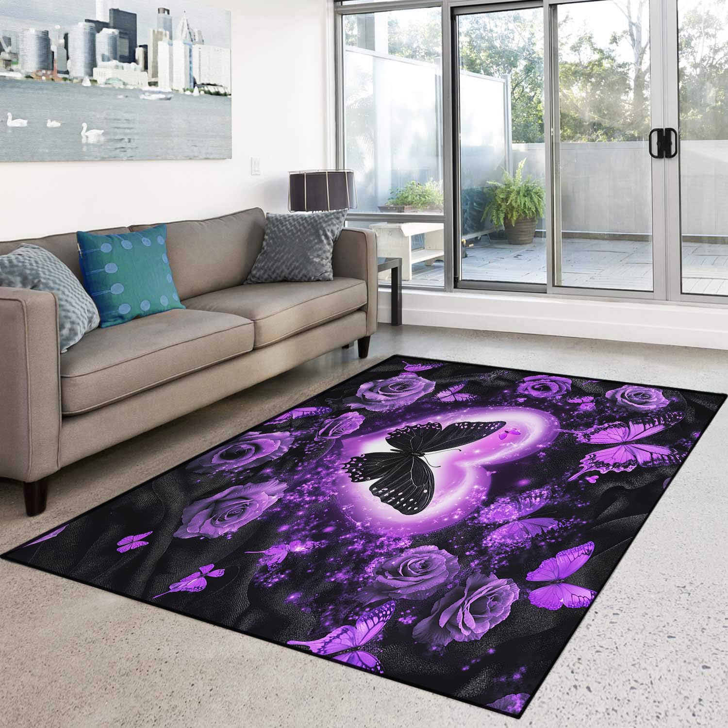 HOSIMA Weiche Bodenmatte, Lila Schmetterlingsdruck Schlafzimmer, rutschfeste, flauschige, waschbar