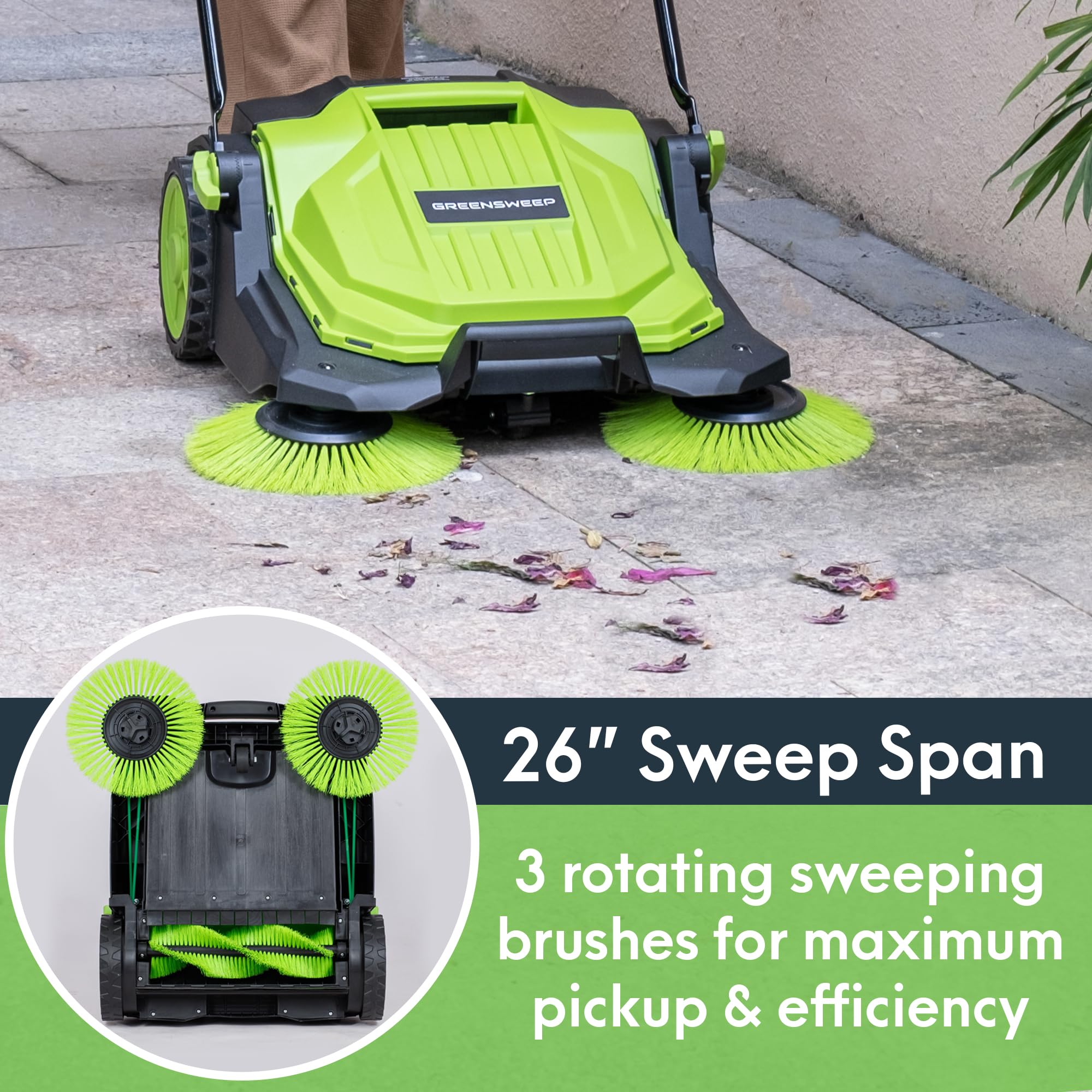 GreenSweep - Barredora manual de piso Walk Behind - Capacidad de 5 galones - Fácil almacenamiento - Uso en exteriores - Juego de cepillos adicionales resistentes