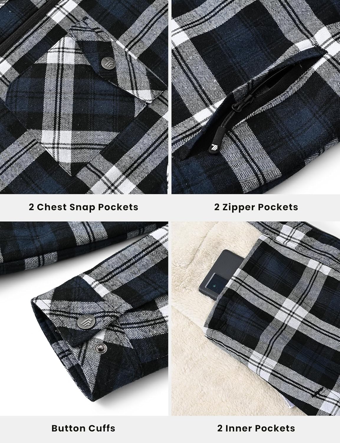 TBMPOY Men's Flannel Shirt Jacket Fleece Lined Plaid Sherpa Full Zip Winter Hoodie Warm Coat Casual Zipper Pockets - Image 6