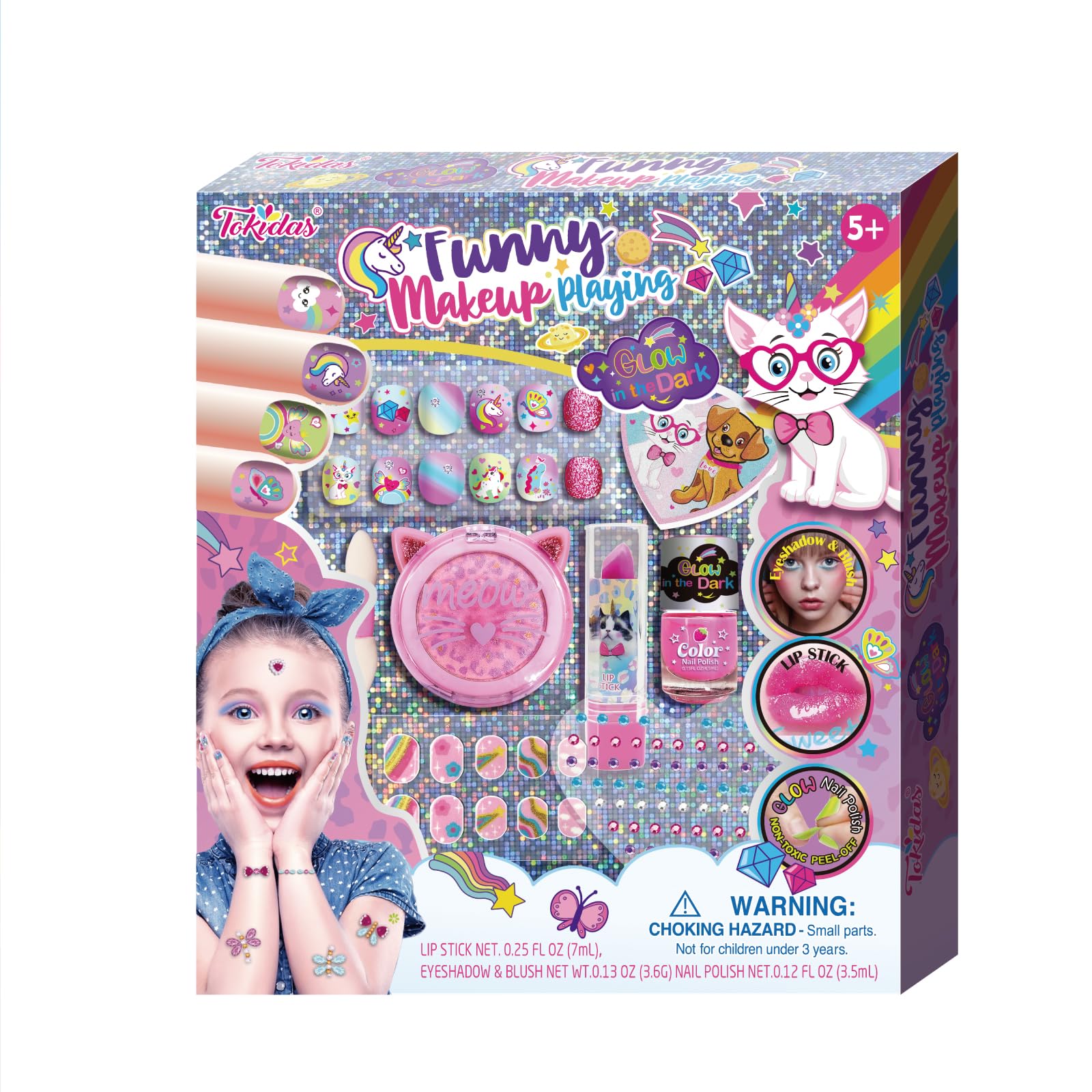 Tokidas Kids Makeup Sets Funny Makeup Playing Nail Polish Glow in The Dark Press on Nails Eyeshadow Blush Lip Stick Gem Stickers Kids Toys for Birthday Gifts