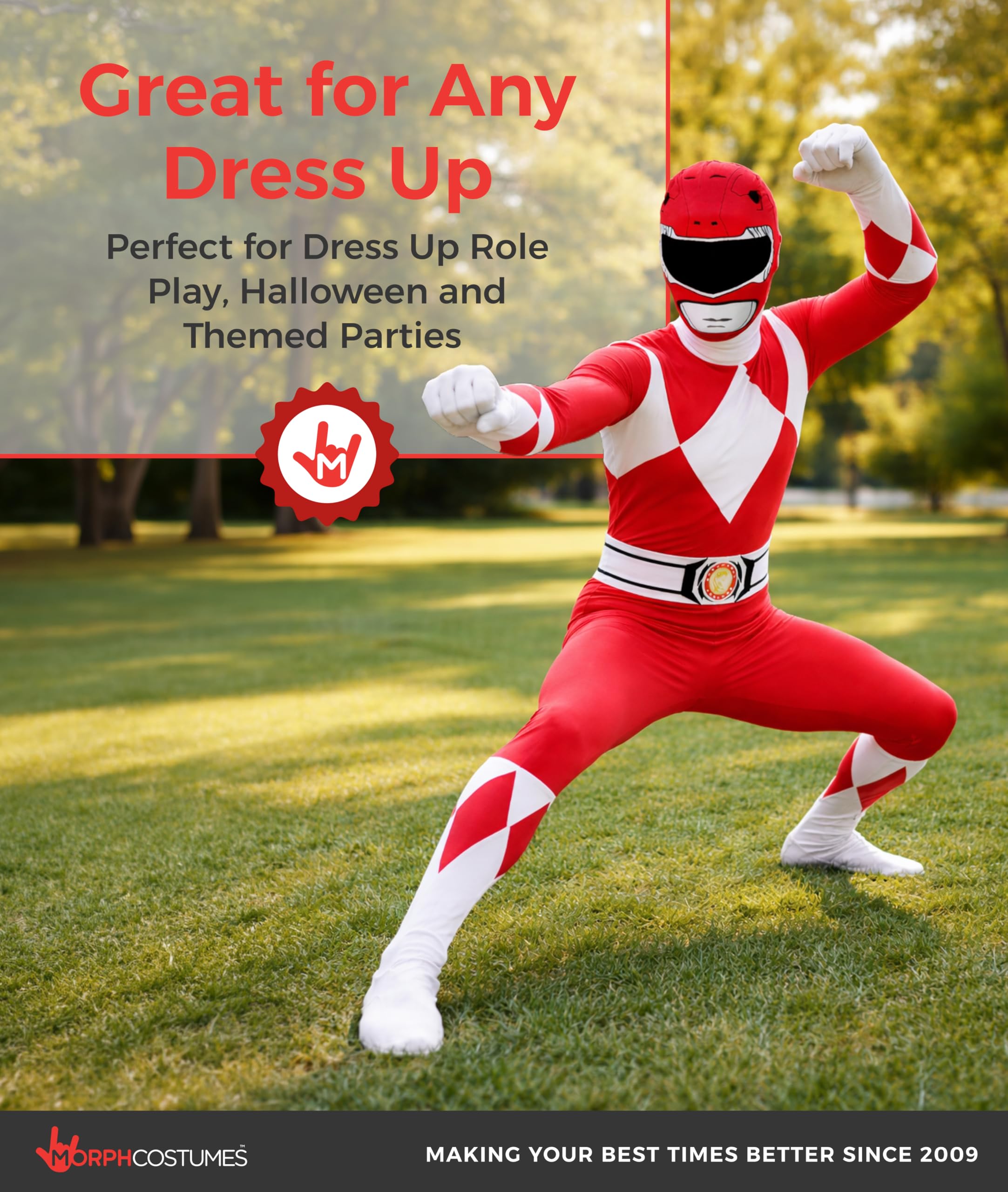 Morphsuits Oficjalny czerwony kostium Power Ranger dla dorosłych - XL (176 cm-185 cm), czerwony, XL