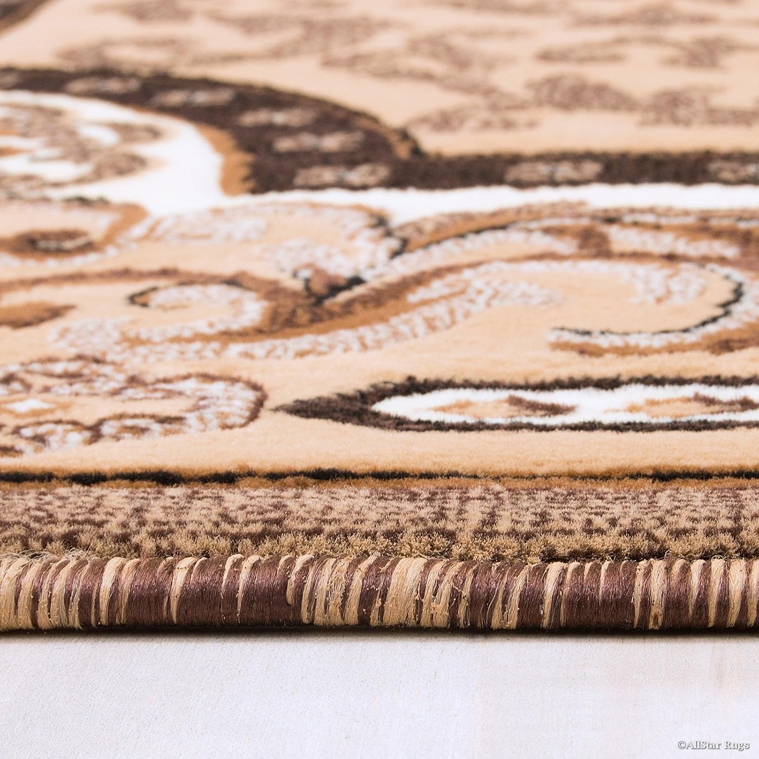 Allstar 5x7 Beige and Ivory Classic French Country Machine Carved Effect Rectangular Accent Rug with Mocha and Espresso Bordered Medallion Design (5' 2" x7' 1")