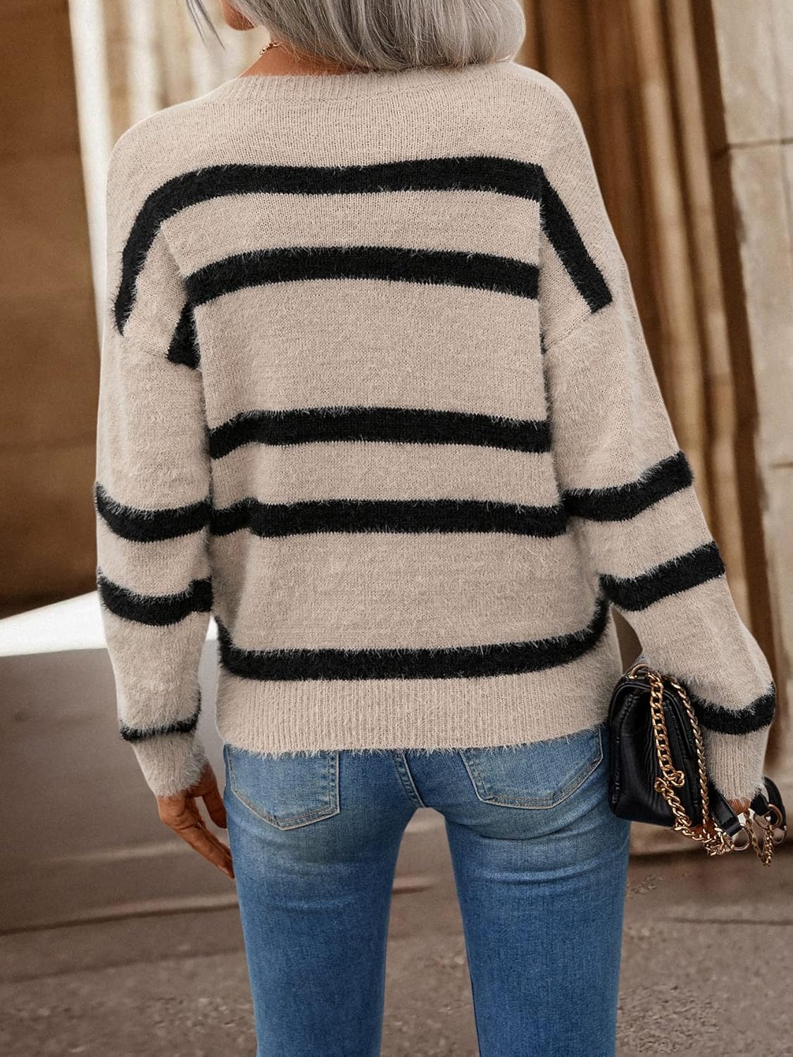 GORGLITTER Women's V Neck Striped Fuzzy Sweater Oversized Fall 2025 Cozy Trendy Long Sleeve Knit Sweater Tops - Image 2