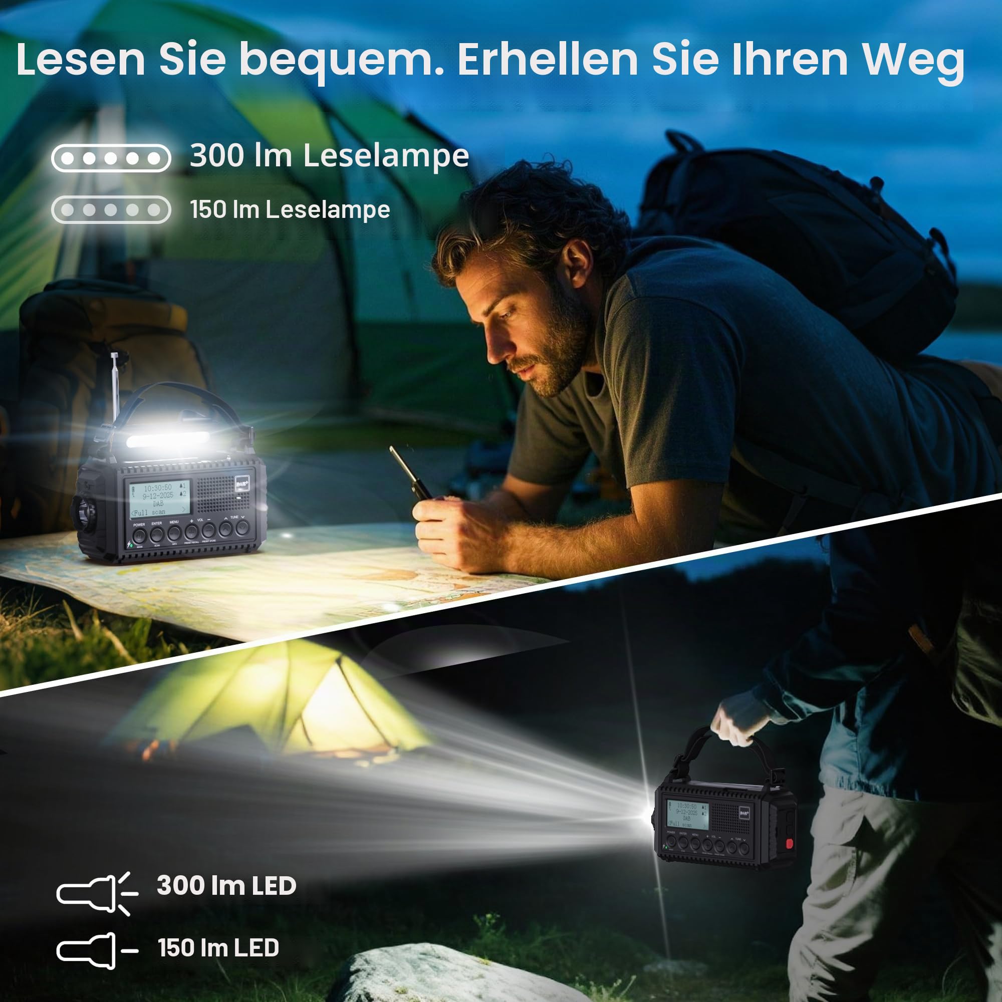 DAB/DAB+/UKW Digitalradio mit Eingebaute 5000mAh Akku Solar Radio Notfallradio mit USB Handyladefunktion Camping Radio mit LED Taschenlampe Leselampe SOS Alarm Tragbares Kurbelradio für Outdoor