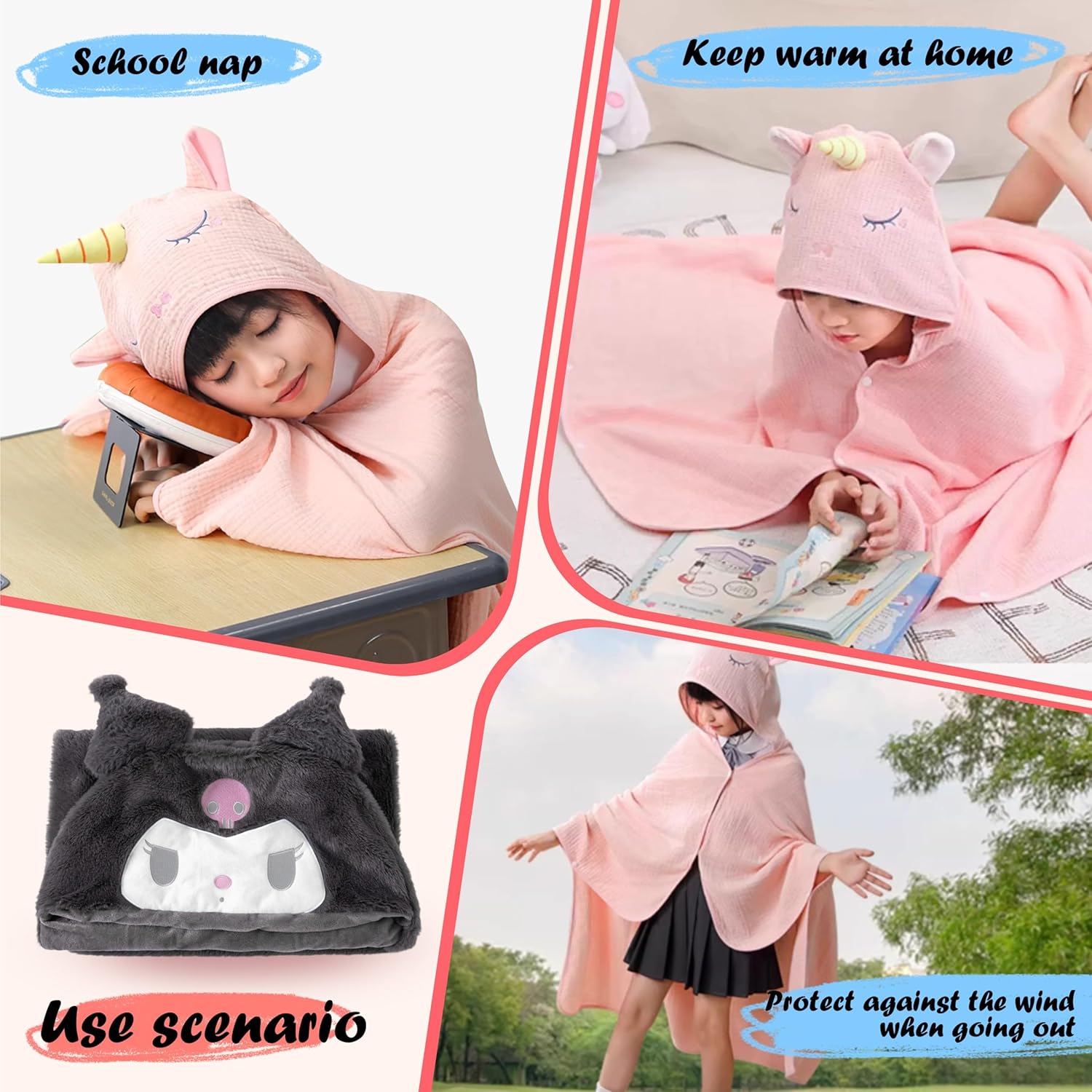 Cartoon Wearable Blanket Hoodie Women's Hooded Cape Cloak Open Front Poncho Shawl Wraps Girls Winter Flannel Pajamas, Black, 75 * 120cm