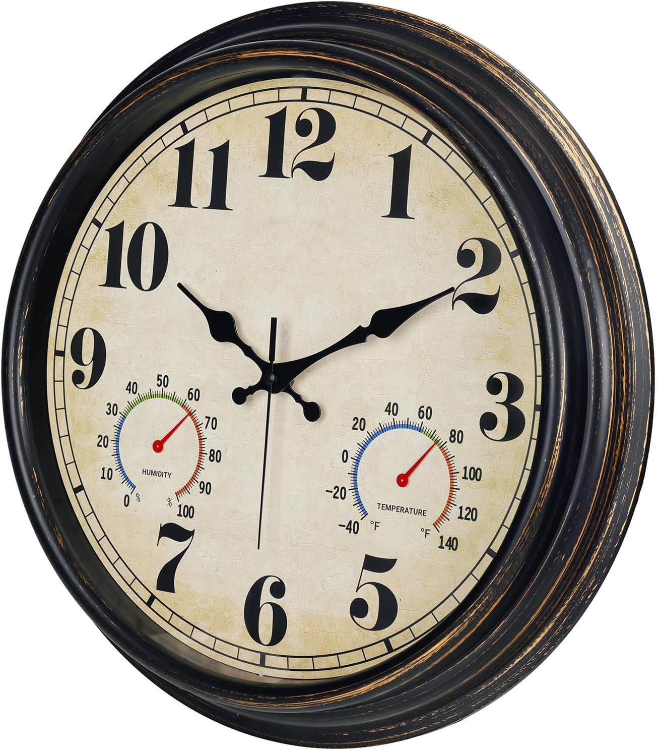zyzamay 16 Inch Black Gold Vintage Indoor/Outdoor Wall Clock with Thermometer & Hygrometer & Waterproof, Large Silent Sweep Numerals, Perfect for Porch, Garden, Pool