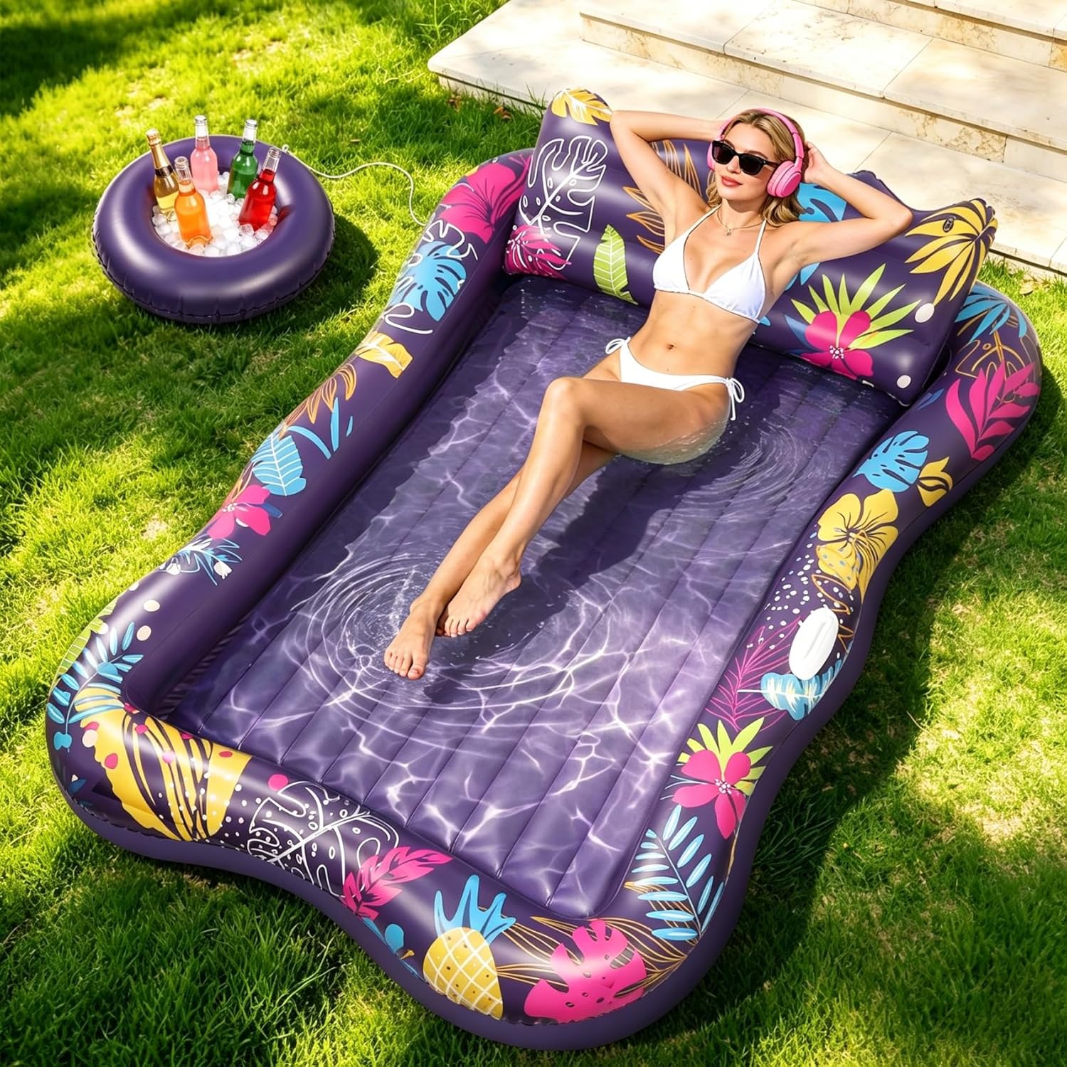 Korlon Tec Extra Large Pool Floats Adult, 81" x 60" Inflatable Tanning Pool Lounger Float with Pillow and Cup Holders, Sun Tanning Bed Pool Rafts Floaties for Adults Beach Lake River