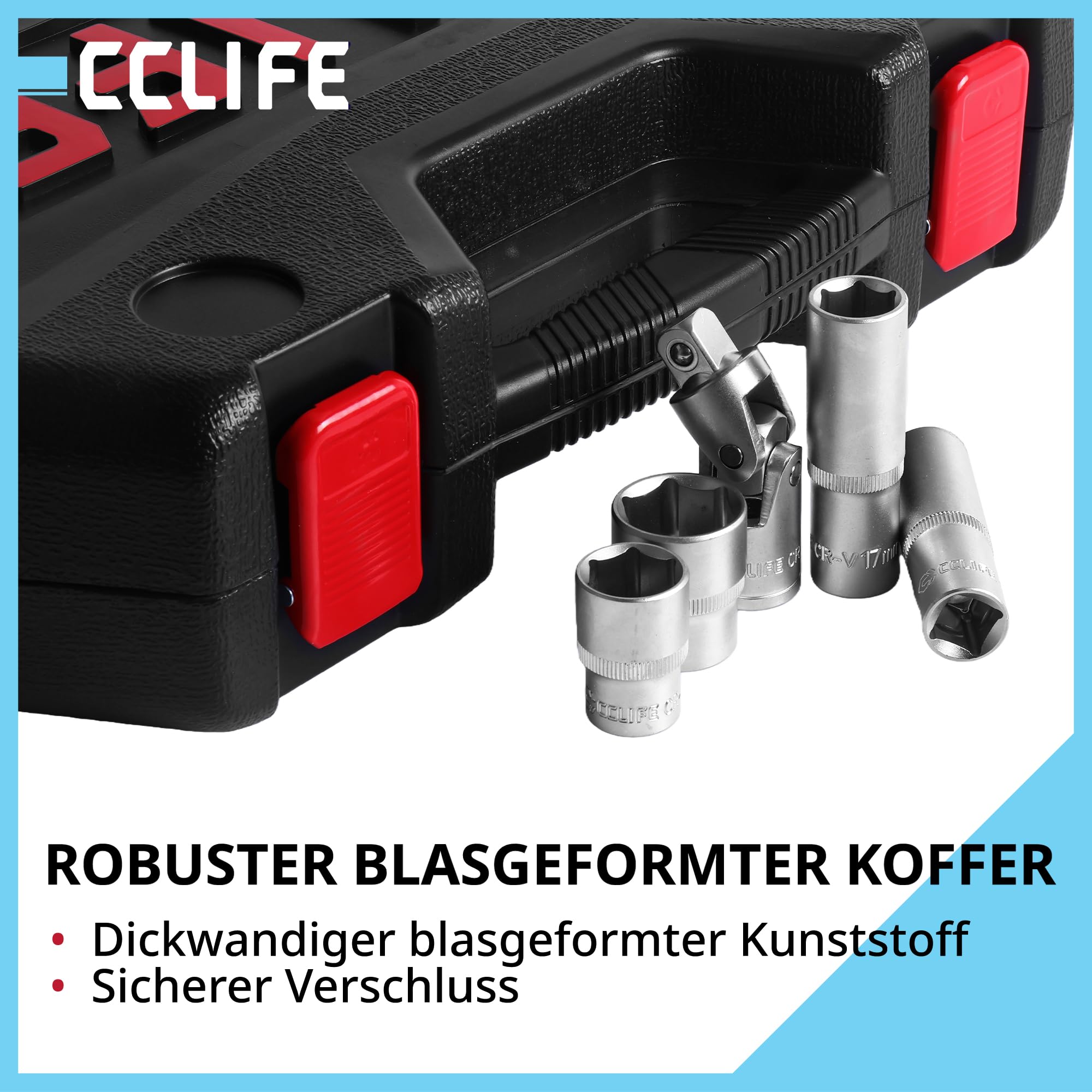 CCLIFE Set di chiavi a bussola da 110 pezzi, 1/4" e 1/2" con bussole, punte ed estensioni per casa e auto in robusta valigetta degli attrezzi