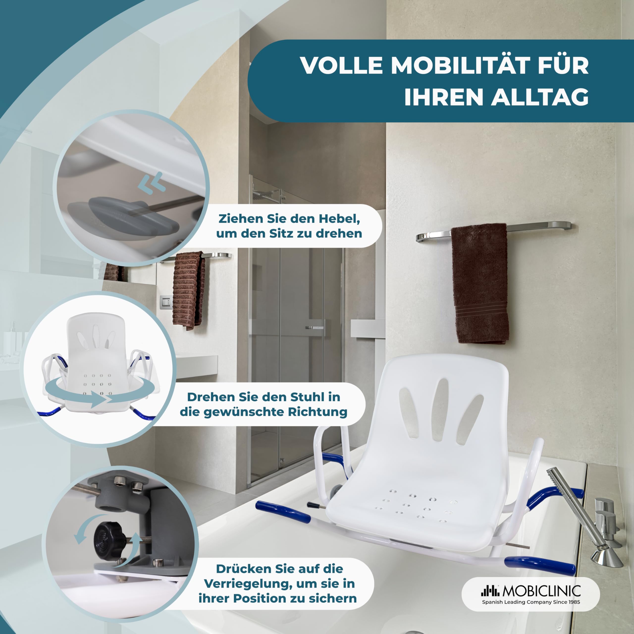 Mobiclinic®, Badewannensitz Drehbar 360º, Europäische Marke, Drehstuhl Dusche, Duschstuhl mit Armlehnen und Rückenlehne, Drehbarer Badewannenstuhl, Wannensitz, Verstellbar, Lago