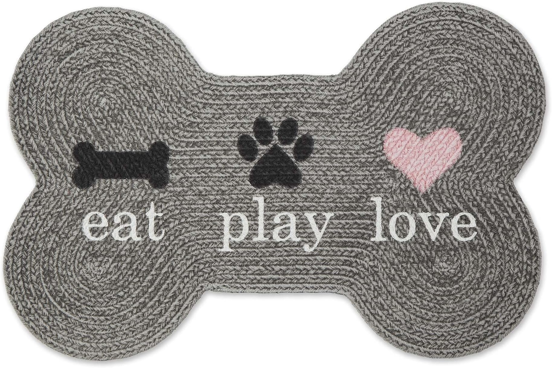 DII Braided Pet Mat Collection 100% Cotton, Bone Shape, Gray Eat Play Love