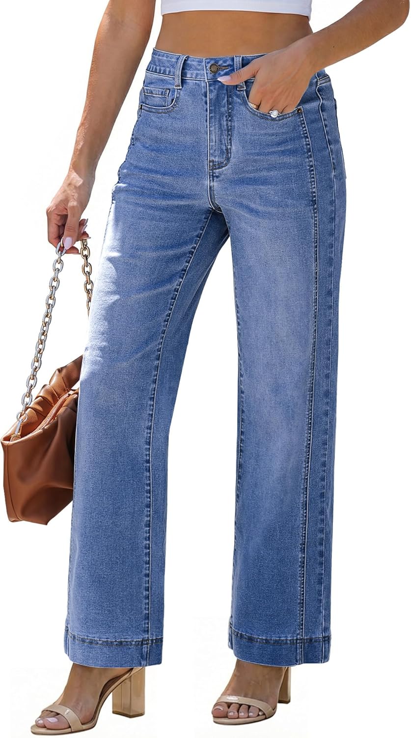 luvamia Wide Leg Jeans for Women Trendy High Waisted Double Side Seams Stretchy Denim Pants Trouser Jeans with Pockets