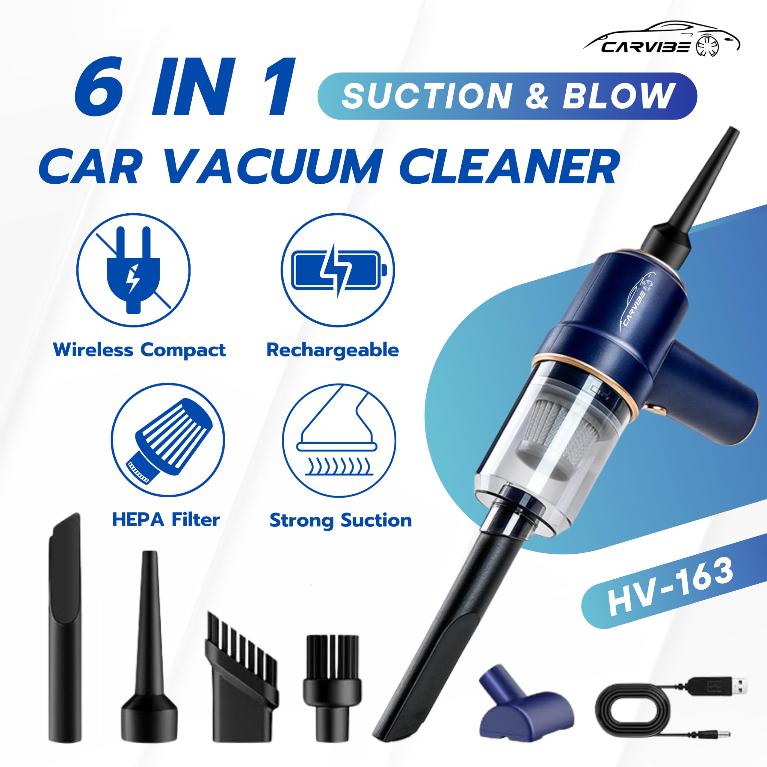 Carvibe Portable Handheld Cordless Car Vacuum Cleaner, 6 in 1 16000Pa Vacuum Cleaner and Air Duster with LED Lights and Multi-Nozzles, 120W High Power Rechargeable Vacuum for Car, Home, Office, Pet