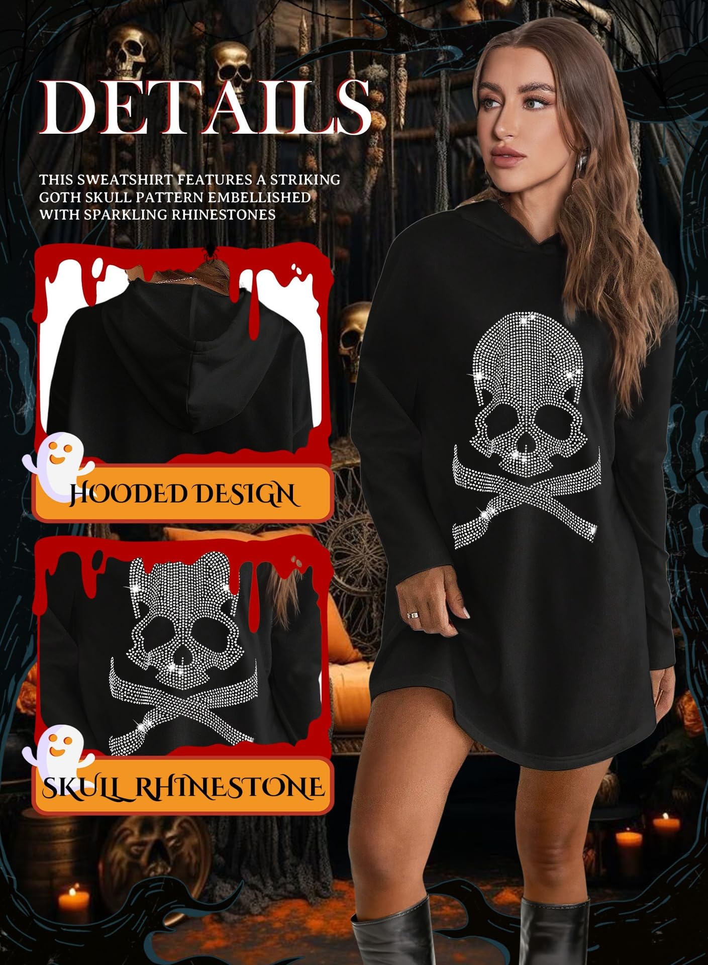 EVELUST Sweat-Shirt Gothique à Strass pour Femmes - Sweat à Capuche Vintage à Manches Longues et Motif Squelette Gothique Noir Y2k