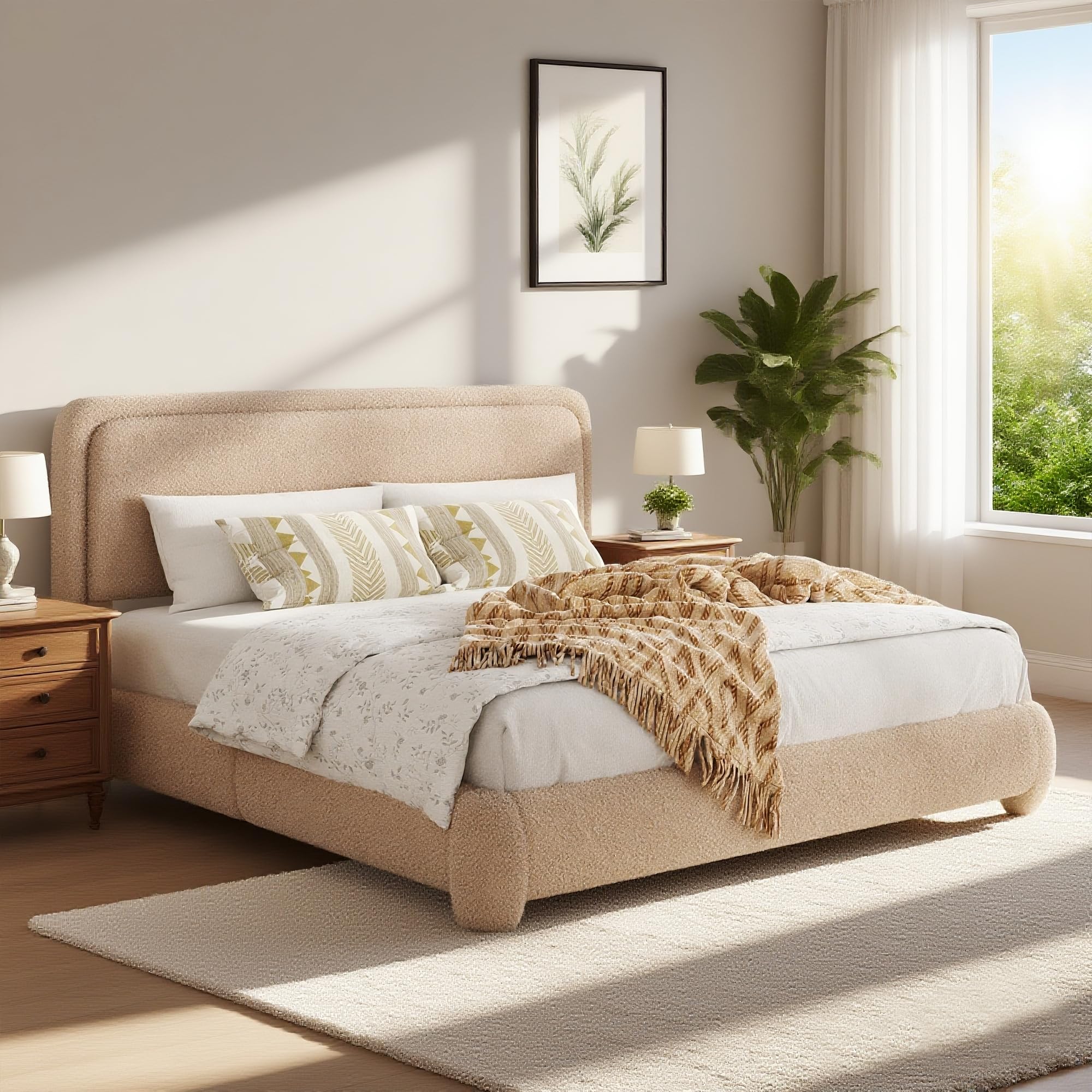 Vcooved King Boucle Platform Bed Frame with Height Adjustable Headboard, Modern Upholstered Cloud Bed, Sleek Curved Design, No Box Spring Needed, Easy