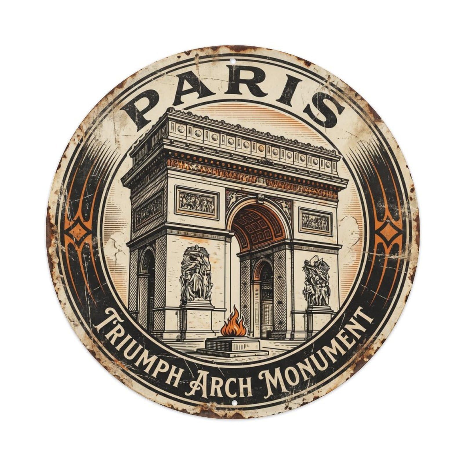 Vintage Travel Triumph Arch Paris Monument Metal Tin Sign Plaque Wall Decor for Cafe, Club, Garden Round Metal Poster 8x8Inch
