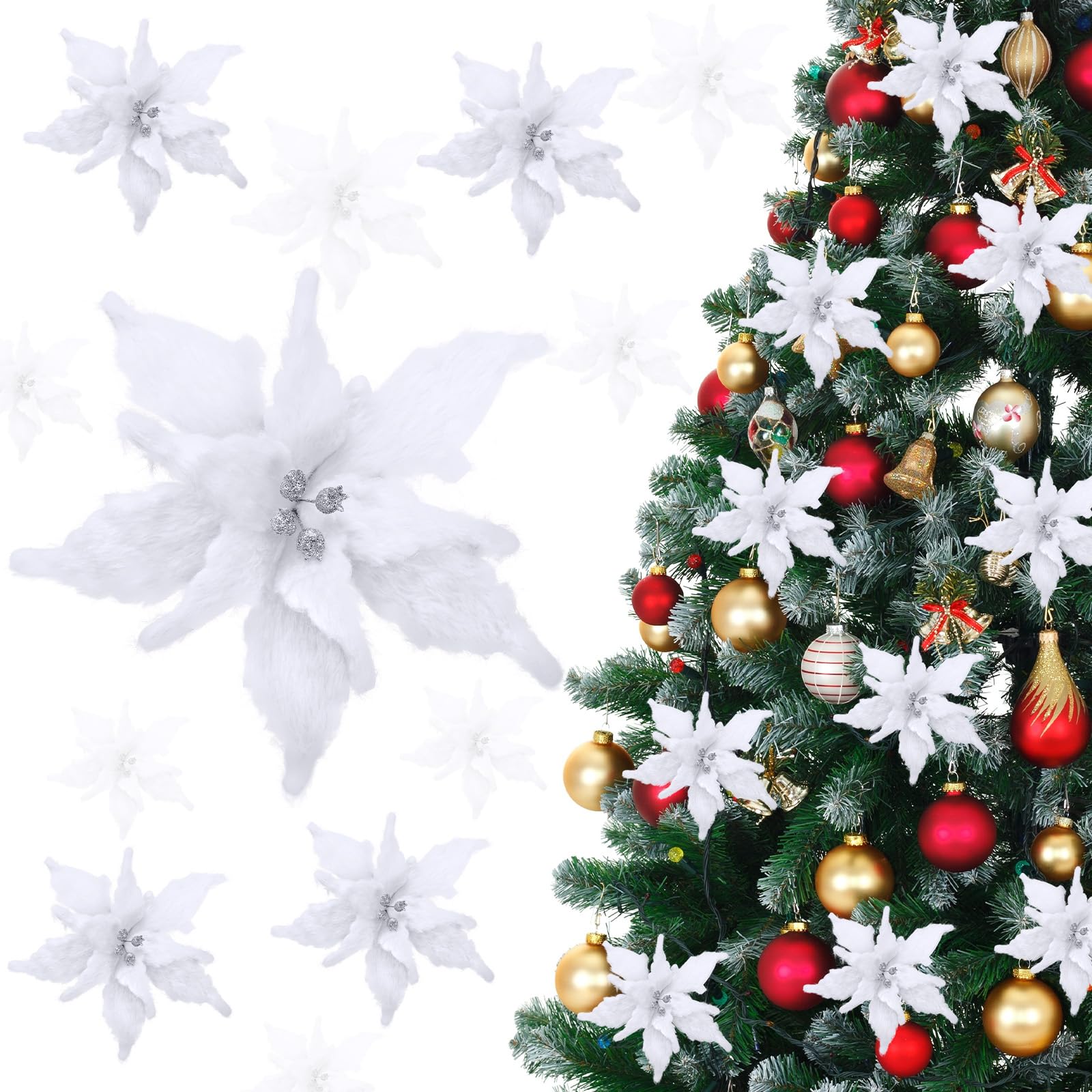 Riceshoot 12 Pcs Poinsettias Artificial Christmas Flowers Large White Plush Fake Poinsettia Flowers 10.24 Inch Fluffy Poinsettia with Clips and Stems for Xmas Tree Ornaments Decorations Wreath Party