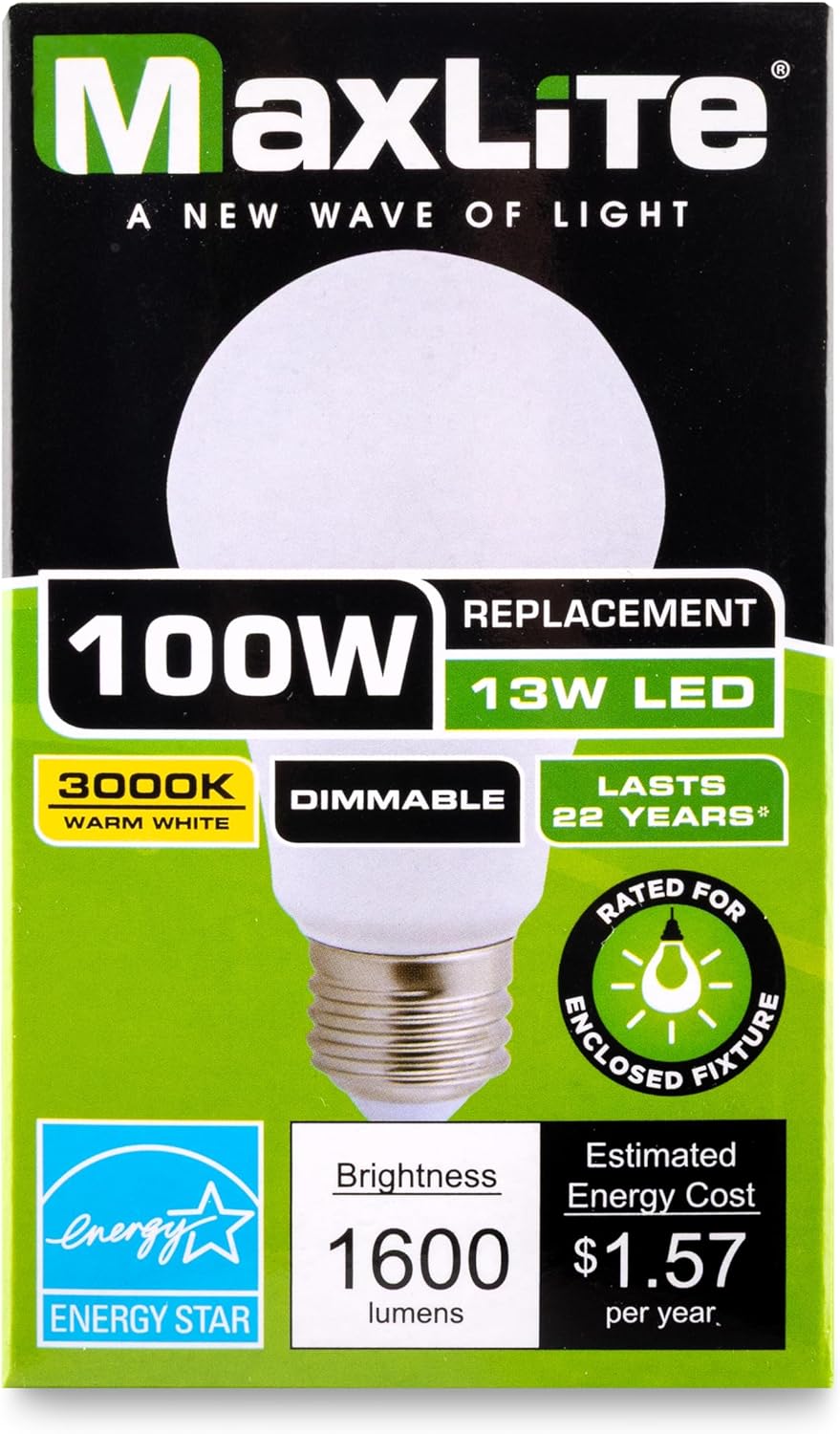 Maxlite E13A19DLED30/G2T LED Light Bulb, 13W A19 Omnidirectional E26 Bulb, Dimmable, Enclosed Rated, Suitable for Damp Locations, 3000K Warm Light, 1600lm, 5-Year Warranty, 100W Equivalent