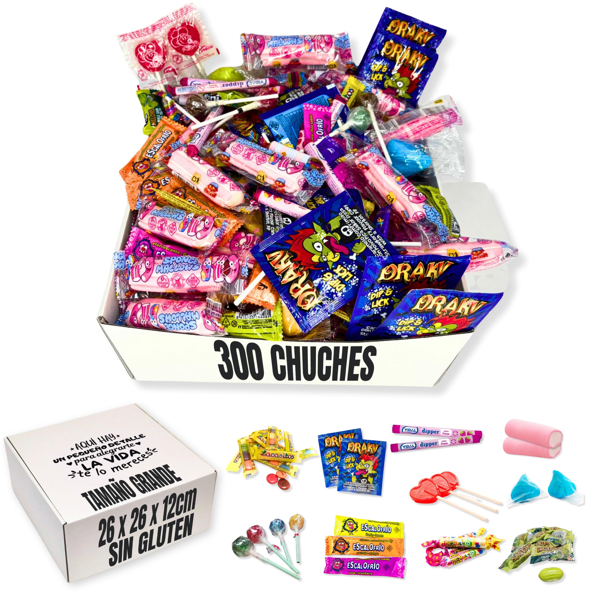 Nevalu - Super Pack 300 Chuches + Caja Regalo, Golosinas y Caramelos SIN GLUTEN para Relleno de Piñatas y Conos.