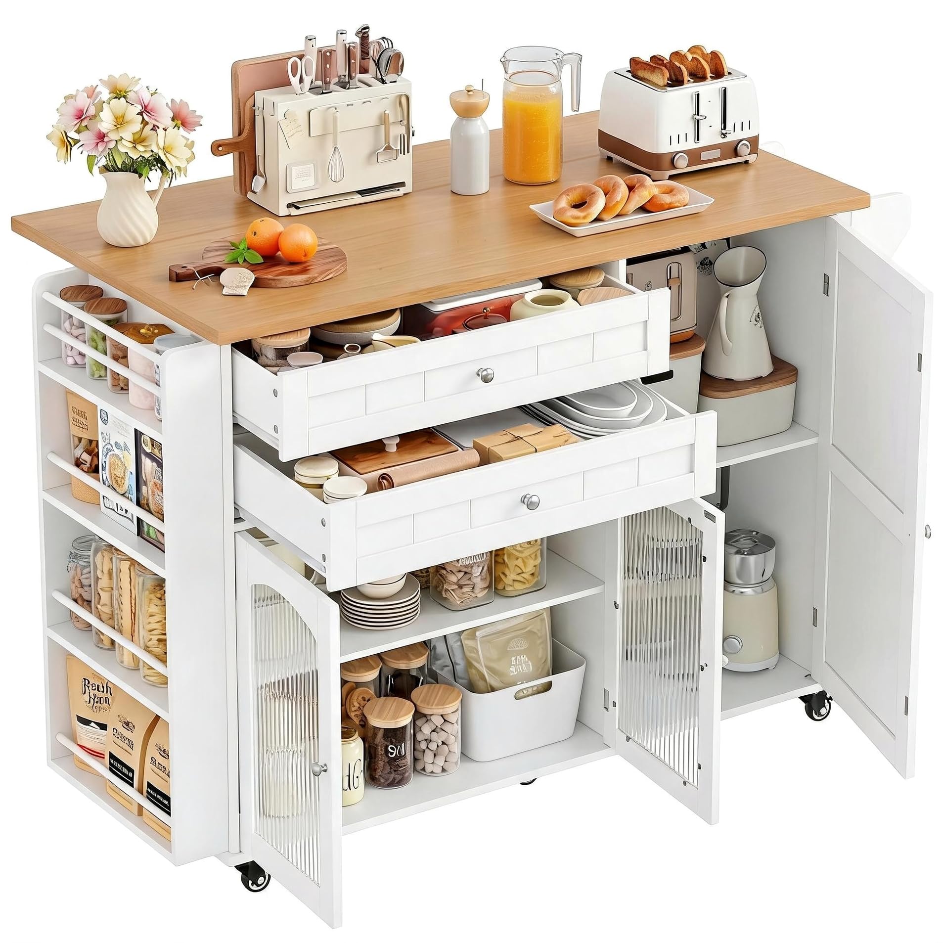 FirFurd Îlot Central Cuisine Desserte Cuisine à roulettes avec Plans de Travail Rabattable Meuble de Cuisine avec 2 Tiroirs, 3 Portes, Support à Épices, Porte-Serviette 132x40x97,5cm Blanc