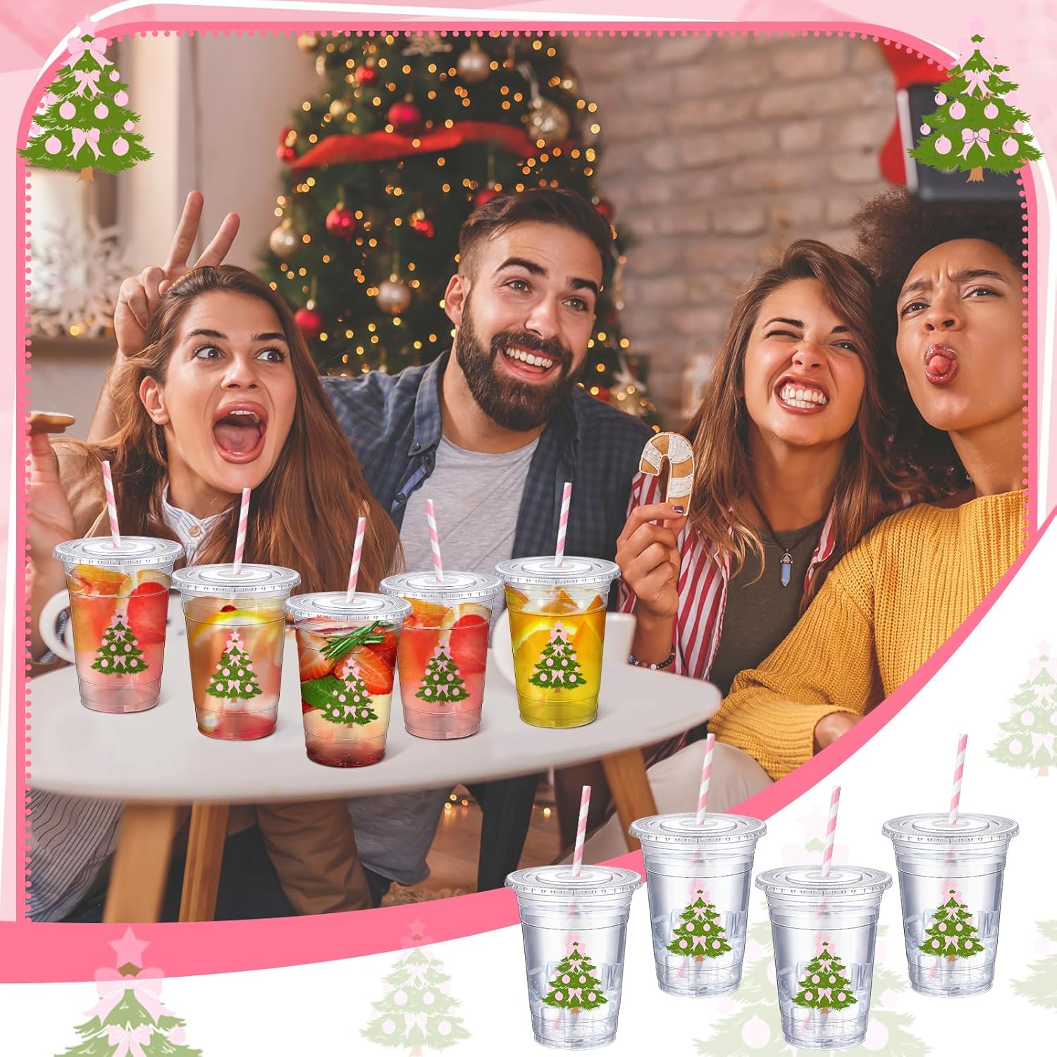 Sliner 50 Pcs 16 oz Coquette Disposable Plastic Cups with Straw for Party Supplies Bow Cups Birthday Wedding Bridal Engagement Party Drinkware Baby Shower Decoration (Christmas Tree)