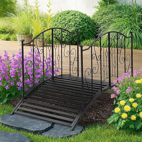 Miniatura 8 de Outvita Puente de jardín de metal para exteriores, elegante puente decorativo con acabado en polvo y barandilla de seguridad para patio, estanque,