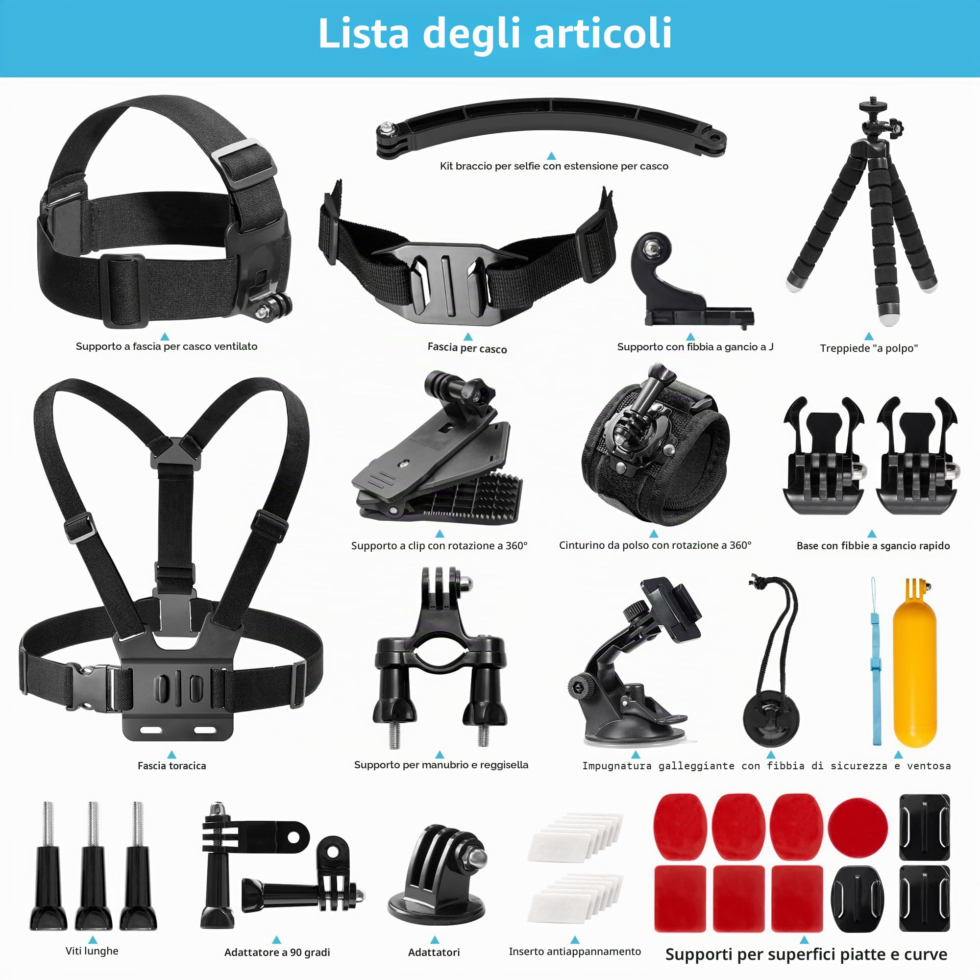 AKASO Kit di Accessori per Action Cam Compatibile con GoPro Hero/ Insta360 DJI Vemont Victure APEMAN COOAU WOLFANG e Altro