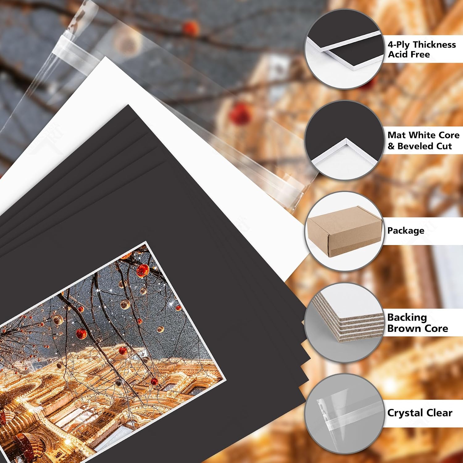 Golden State Art, Pack of 50 8x10 Black Picture Mat Mattes with White Core Bevel Cut for 5x7 Photo + Backing + Bags