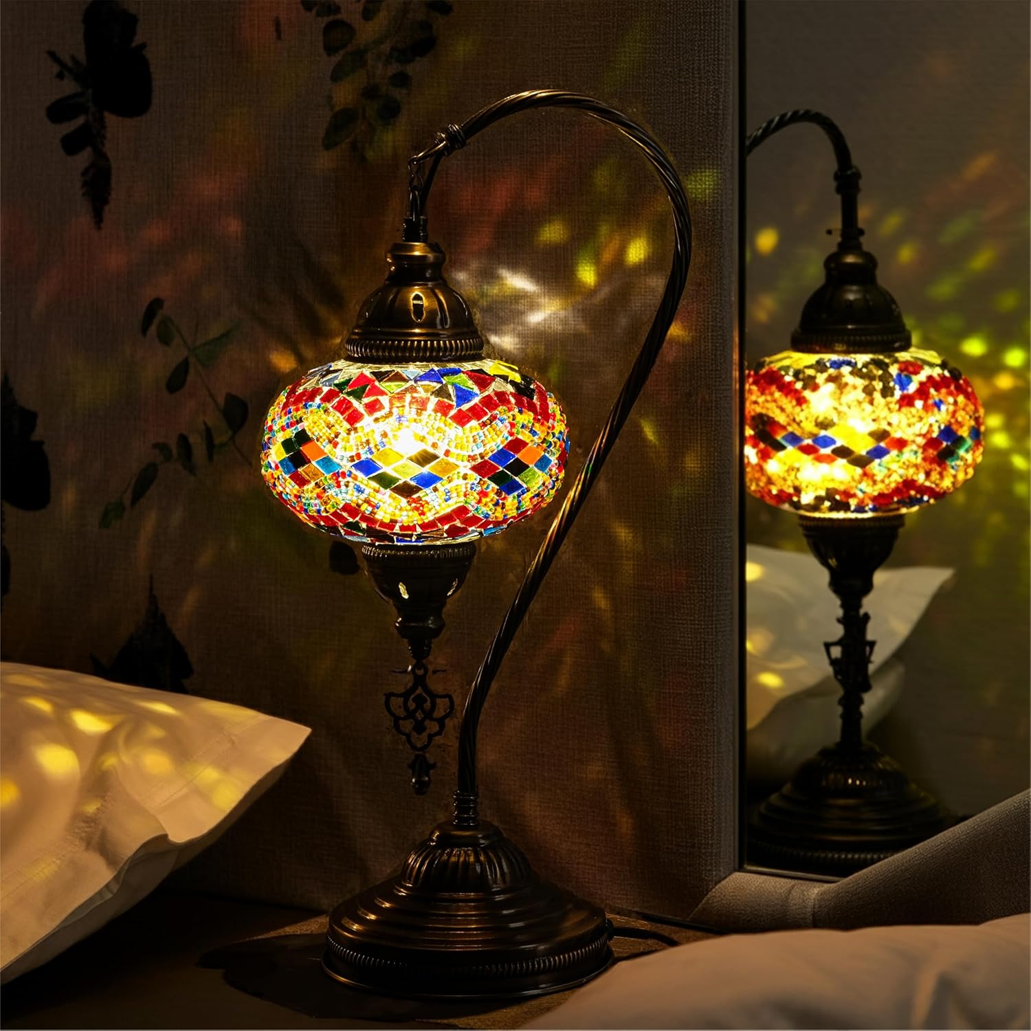Mozaist Turkish Mosaic Lamp – Handmade Swan Neck Table Light with Multi Color, Includes Bulb