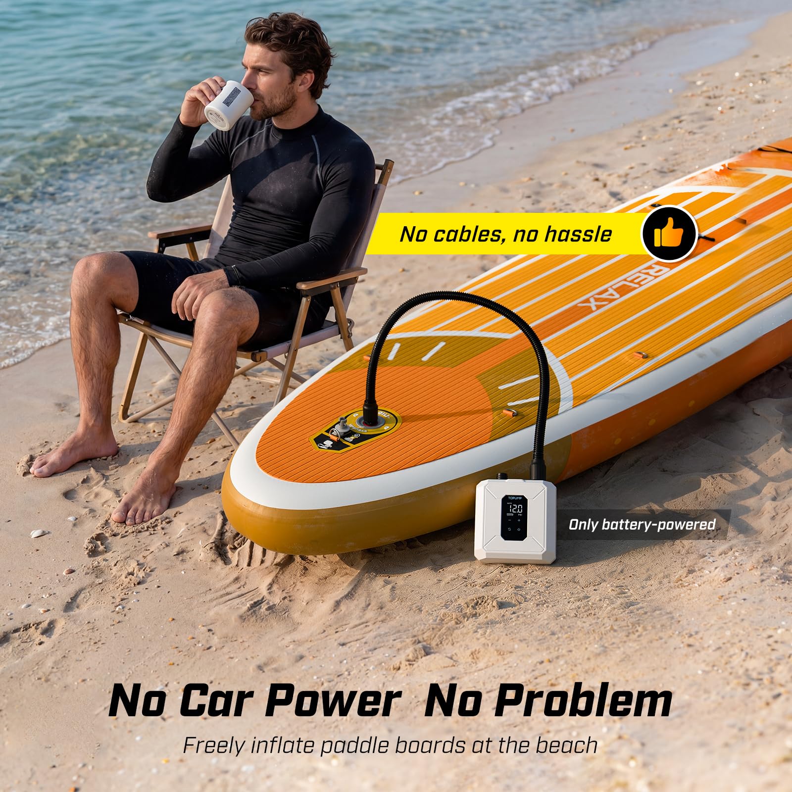 TOPUMP Bomba Eléctrica Padel Surf 20PSI Recargable | Batería, portátil, inflado y desinflado, doble etapa, apagado automático, para paddle surf, kayak, cometa, tienda hinchable