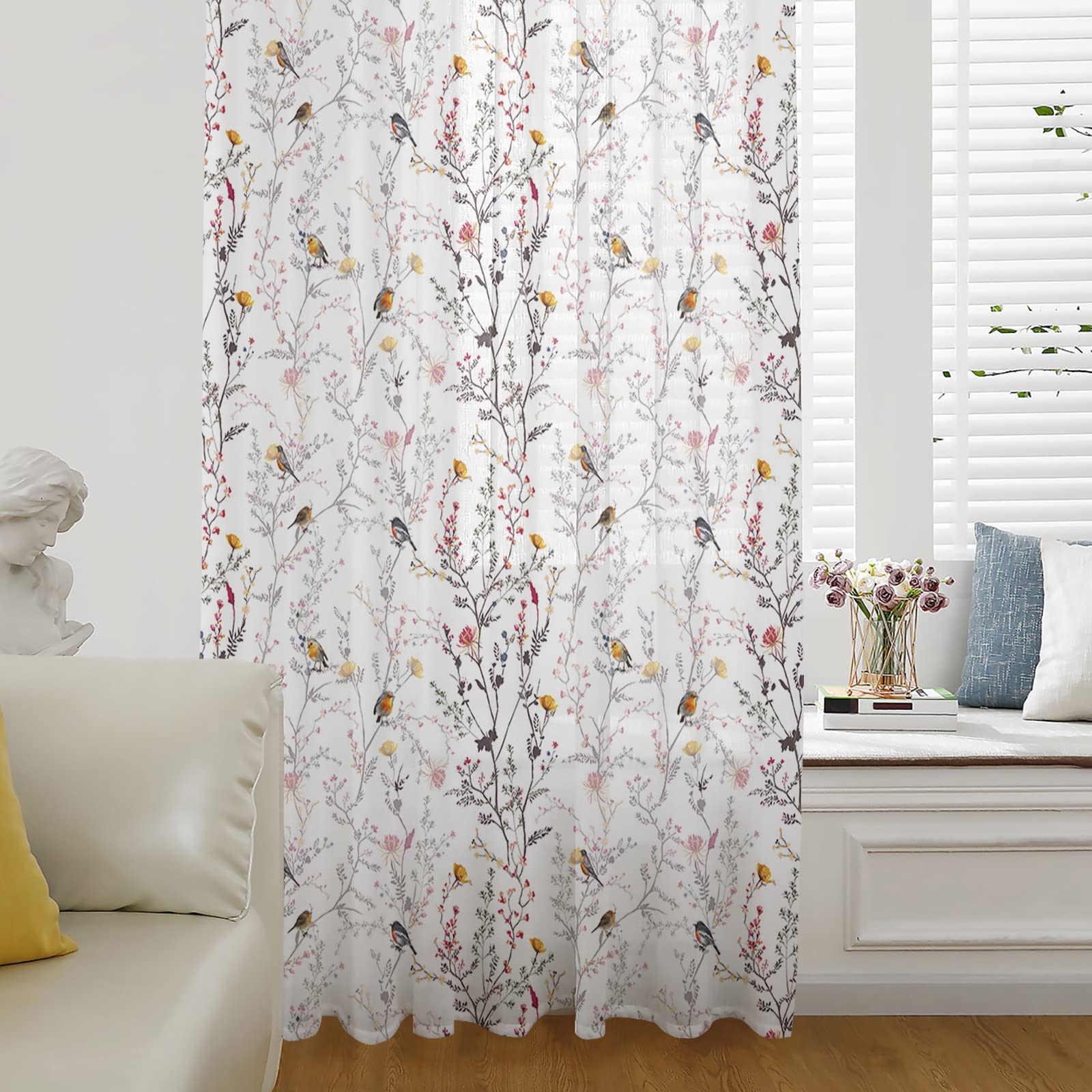 Gradient Floral Window Curtains 84 Inches Long,Semi Sheer Rod Pocket Chiffon Curtains Drapes Drapery Voile Draperies Window Treatment for Living Room/Bedroom,Forest Birds Wildflower Botanical Plant