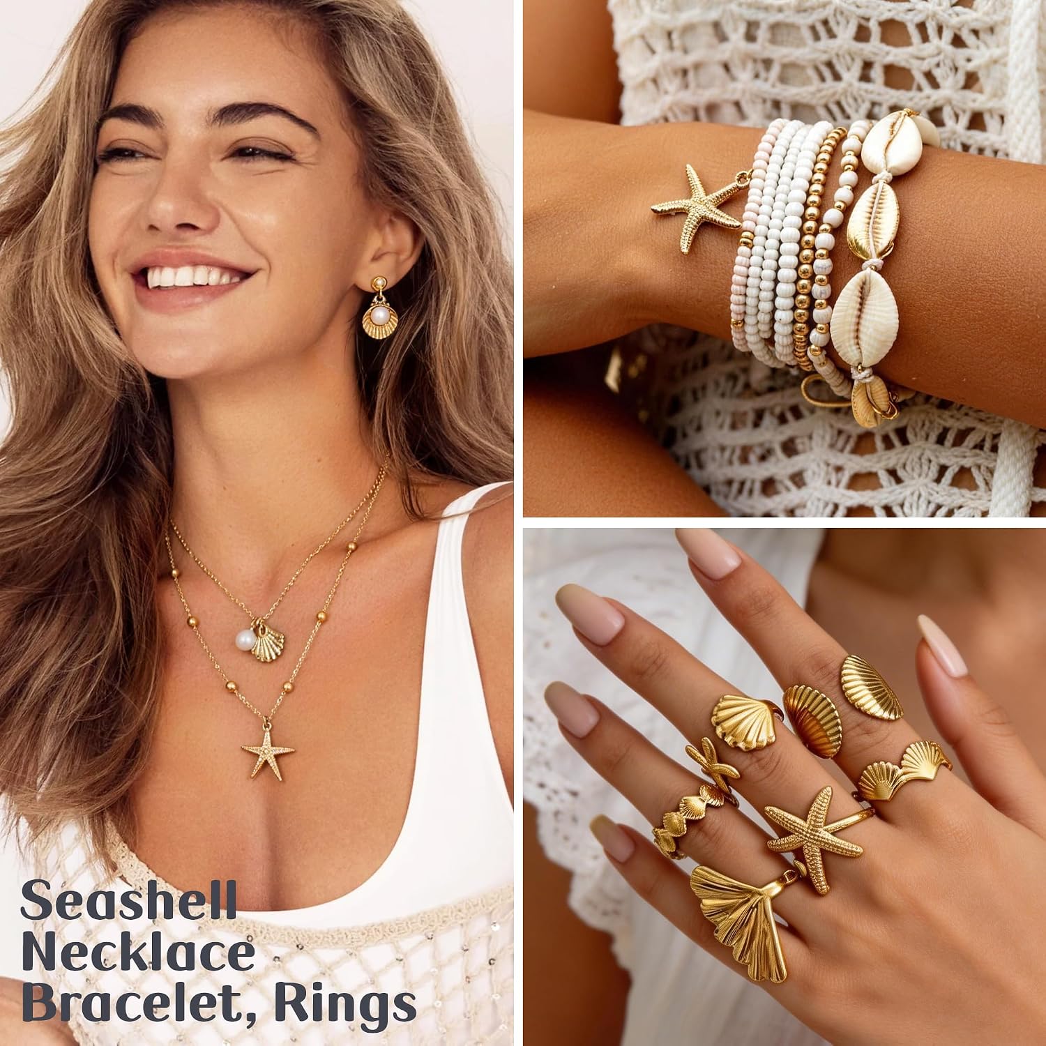 23 Pcs Beach Jewelry Set for Women Seashell Starfish Pearl Layer Necklace Bracelet Rings Earrings Boho Summer Vacation Beach Accessories Set Seashell Starfish Jewelry